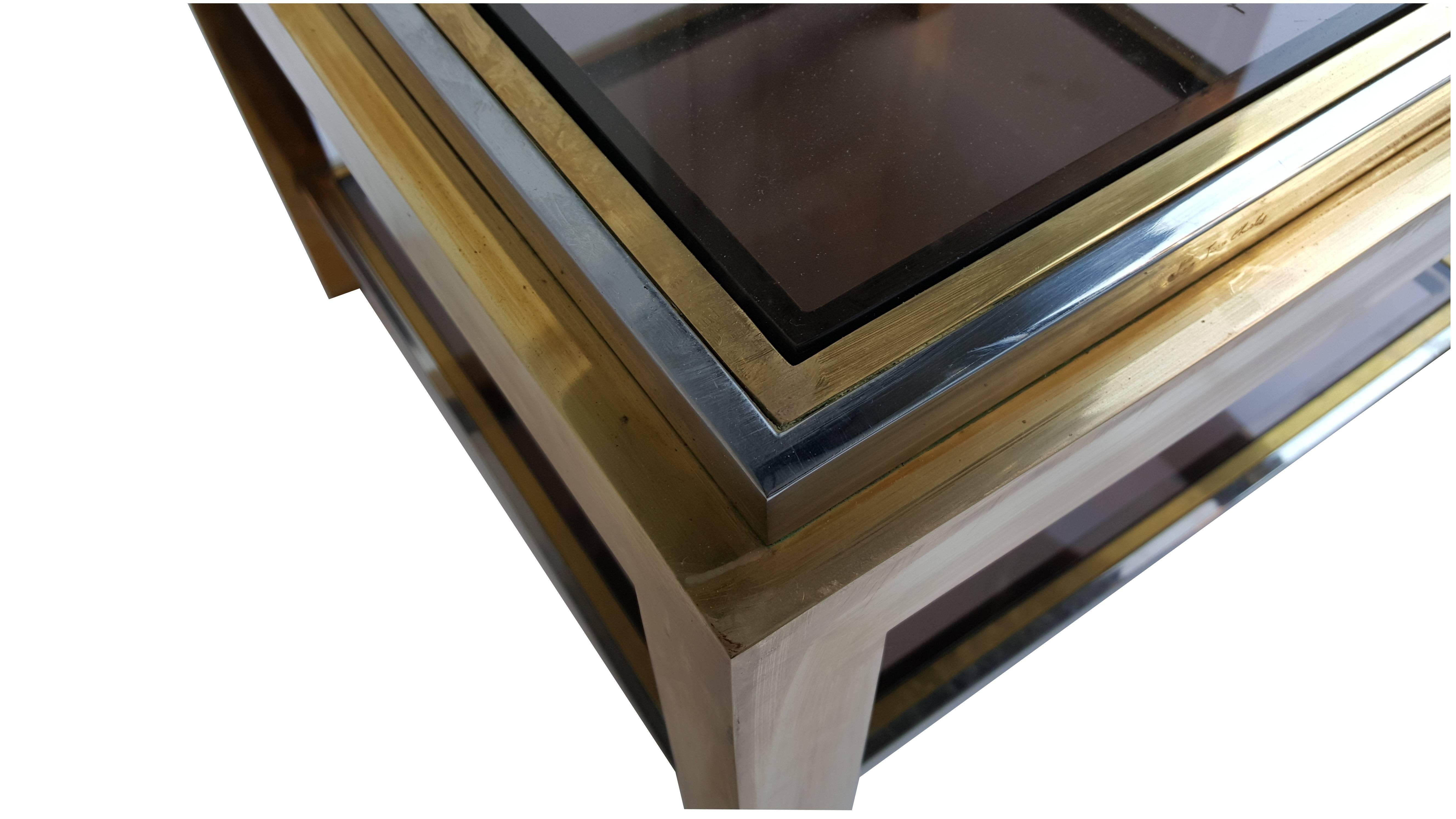 Mid-Century Modern Brass and Smoked Glass Coffee Tables by Jean Charles, Set of Two For Sale