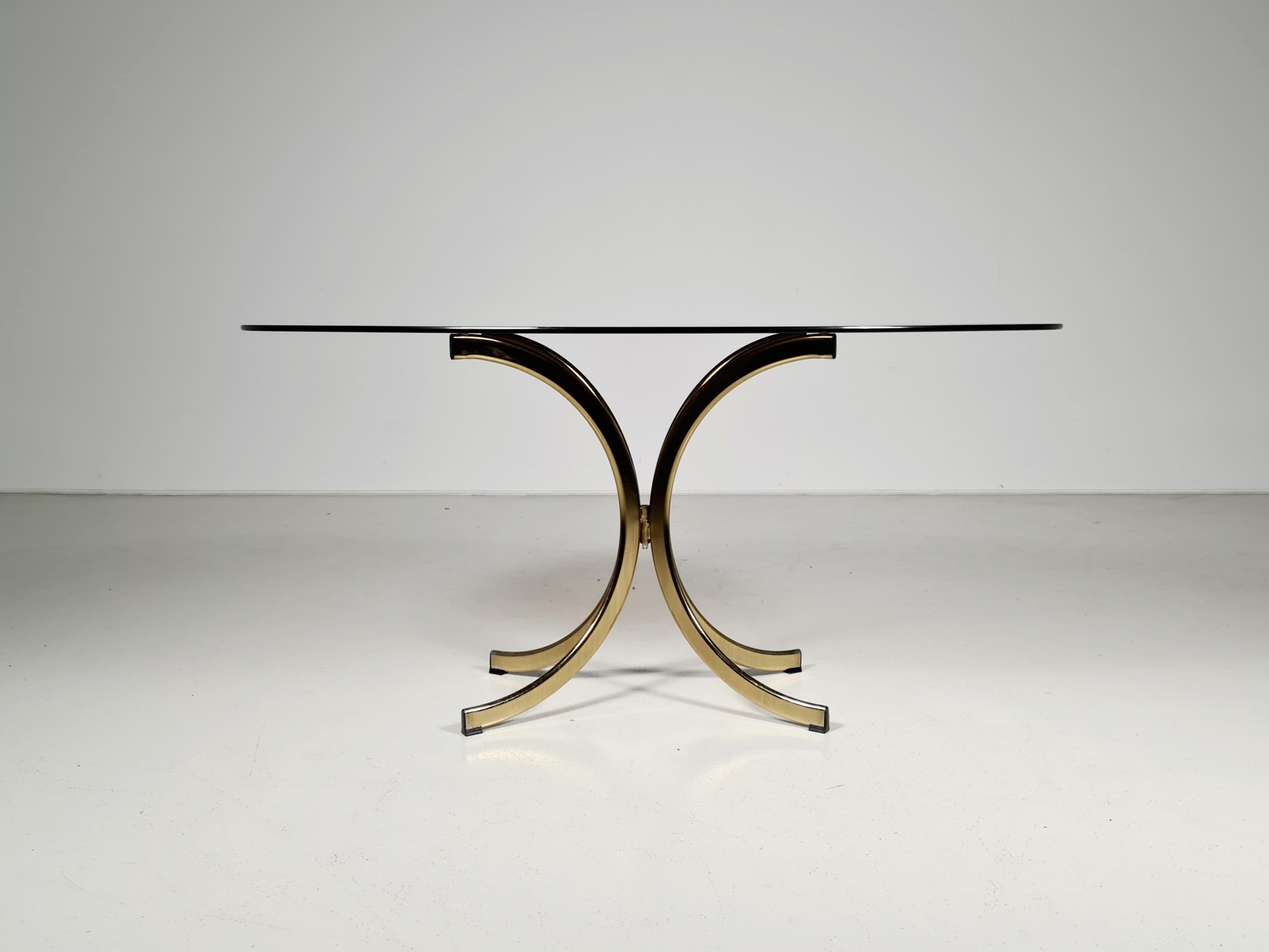 Hollywood Regency Brass and Smoked Glass Dining Table, Romeo Rega Attributed, 1970, Italy