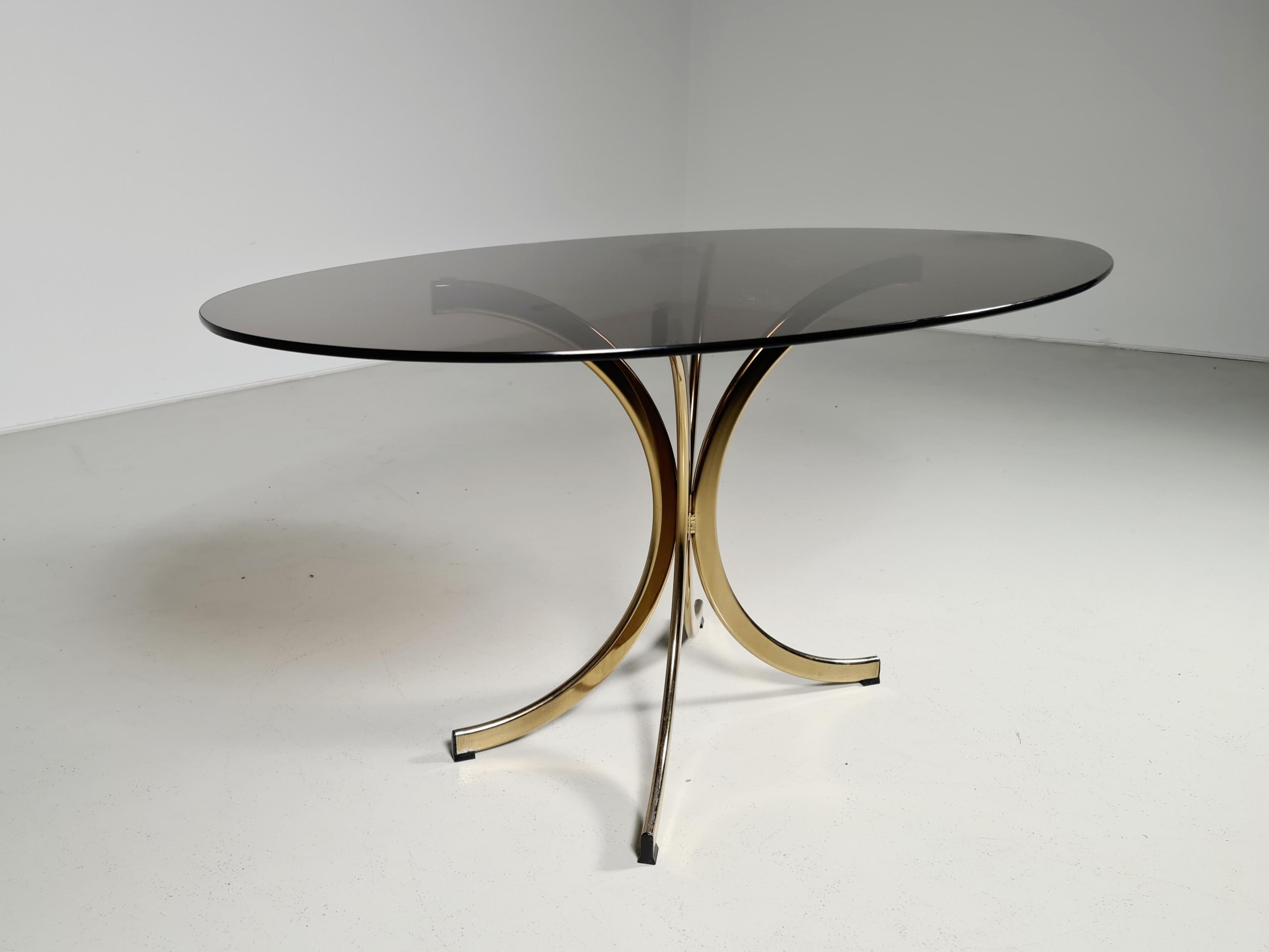 European Brass and Smoked Glass Dining Table, Romeo Rega Attributed, 1970, Italy