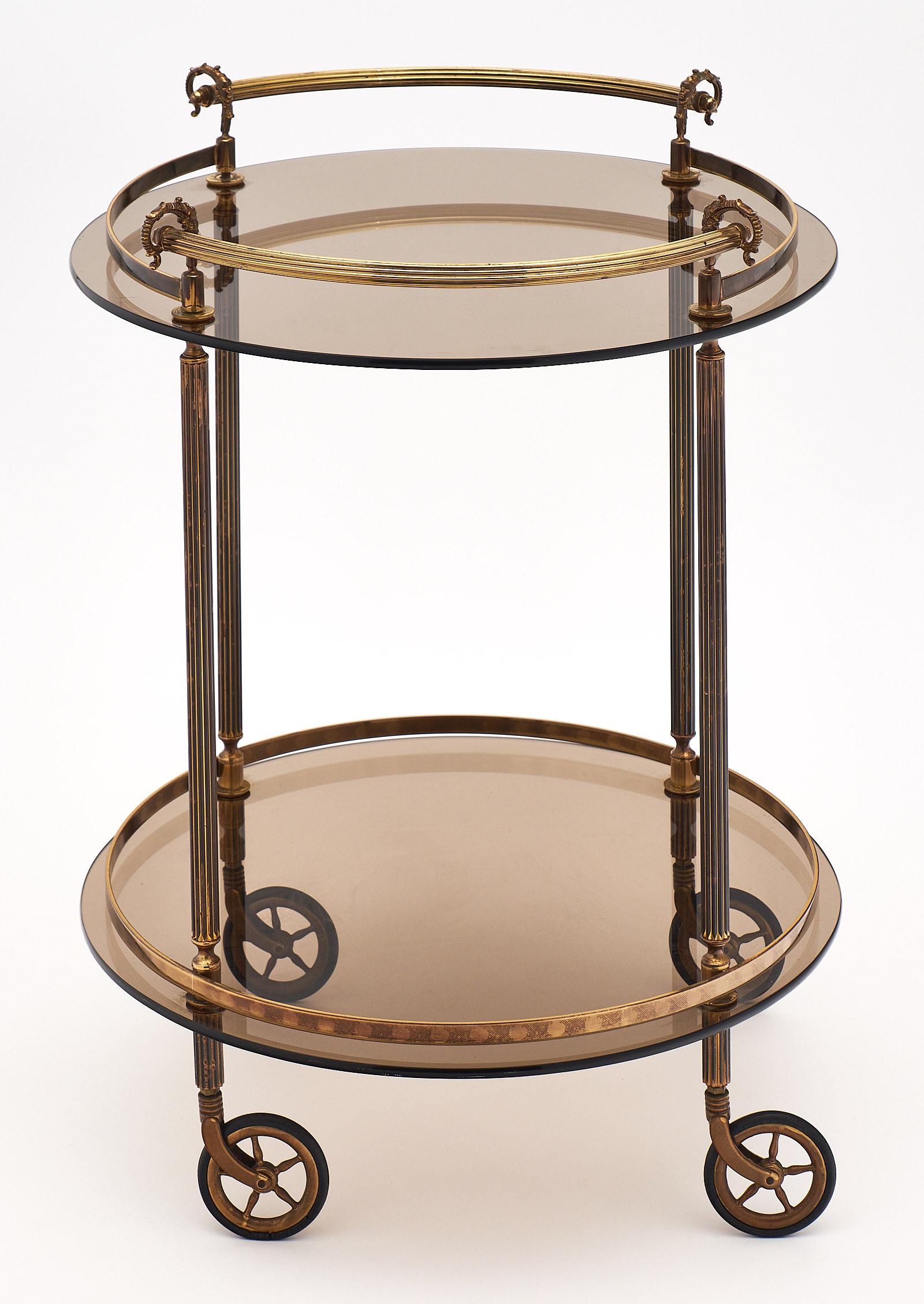 Art Deco Brass and Smoked Glass French Bar Cart