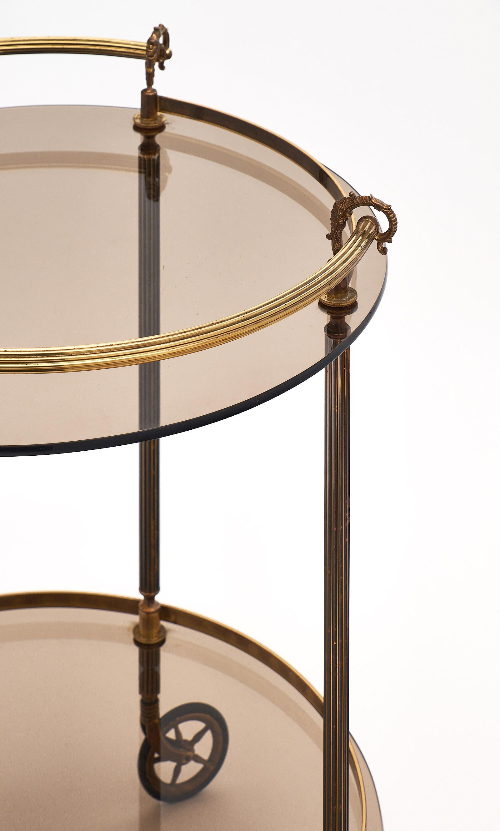 Mid-20th Century Brass and Smoked Glass French Bar Cart