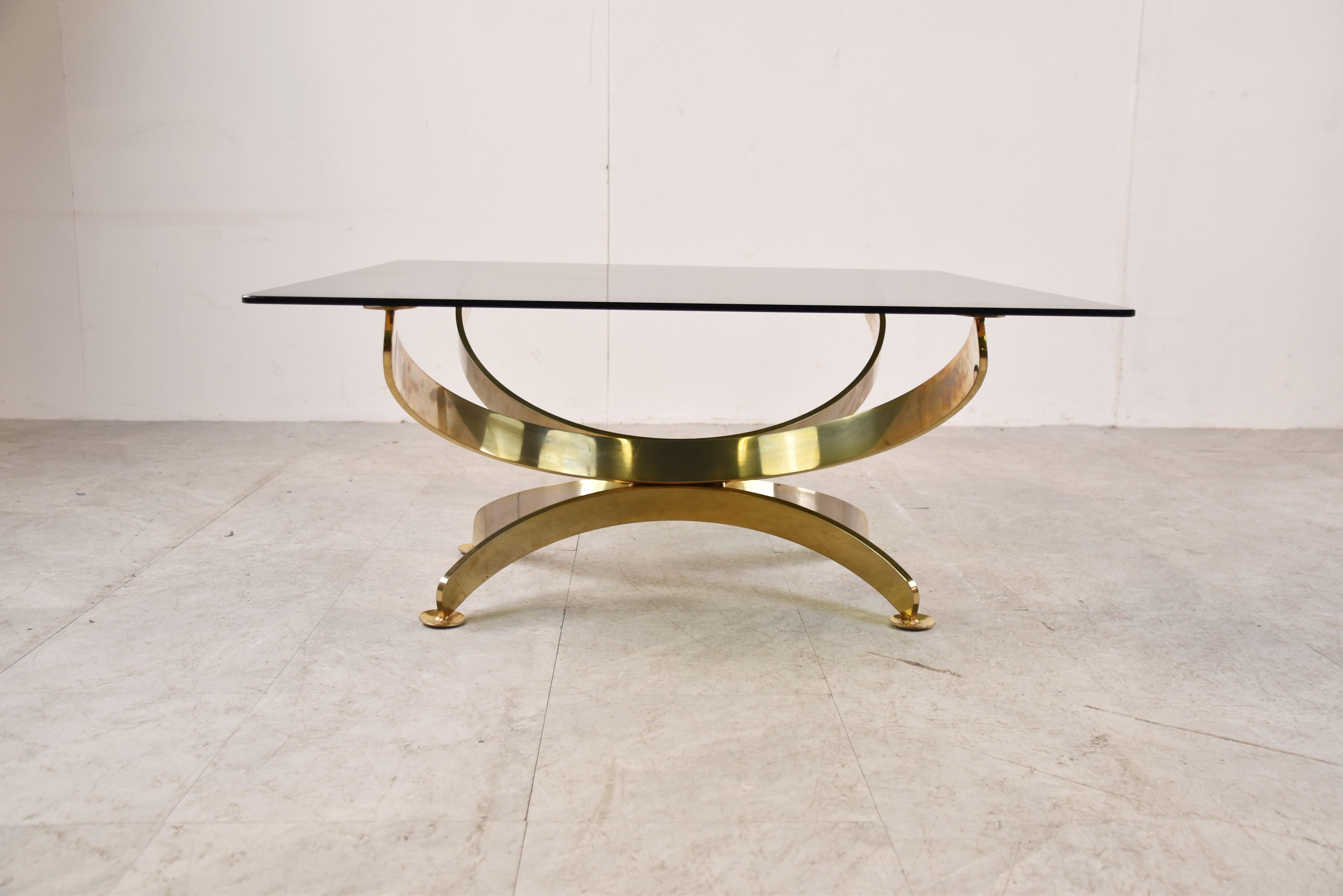 Brass and Smoked Glass Italian Coffee Table, 1970s In Good Condition For Sale In HEVERLEE, BE