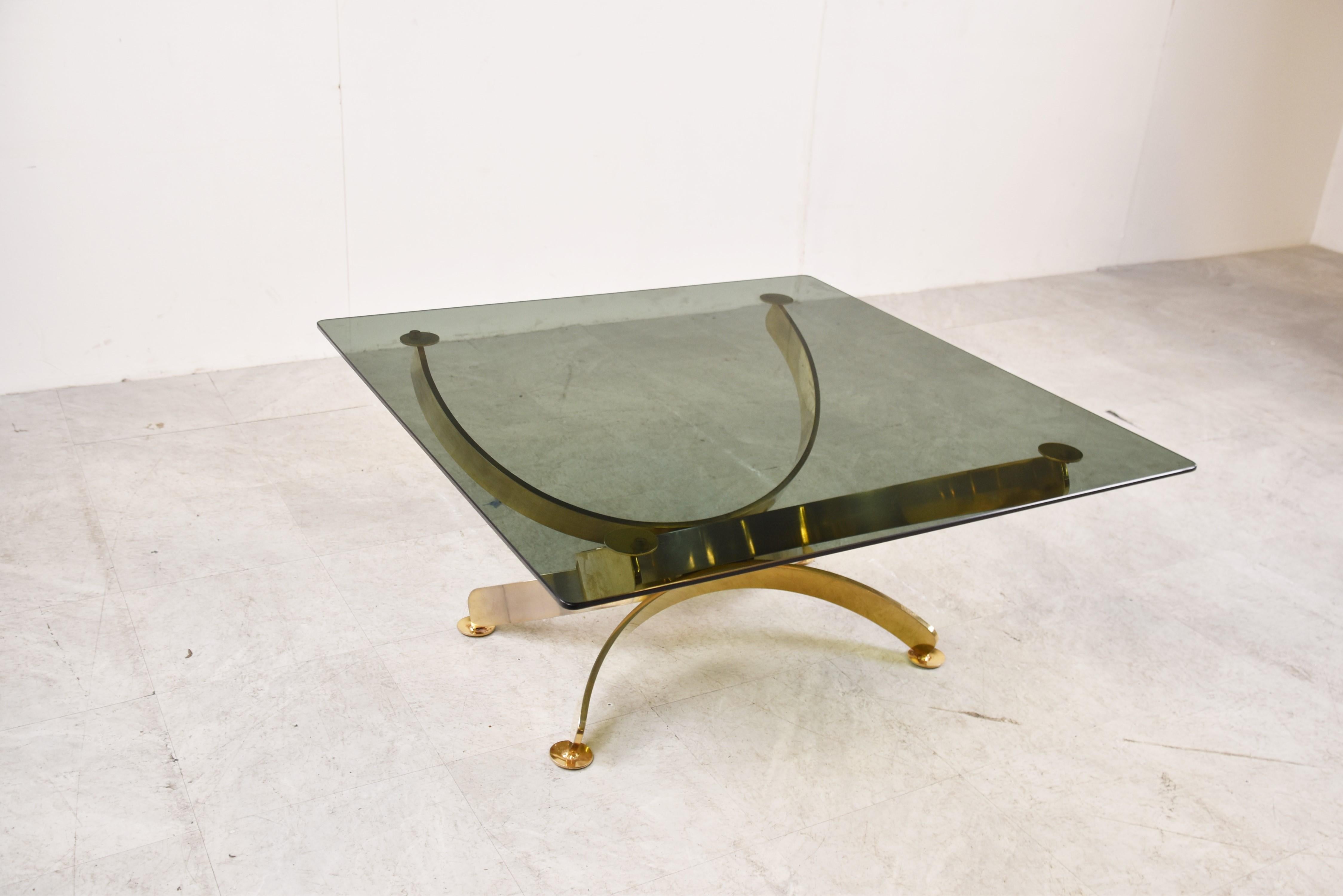 Late 20th Century Brass and Smoked Glass Italian Coffee Table, 1970s For Sale