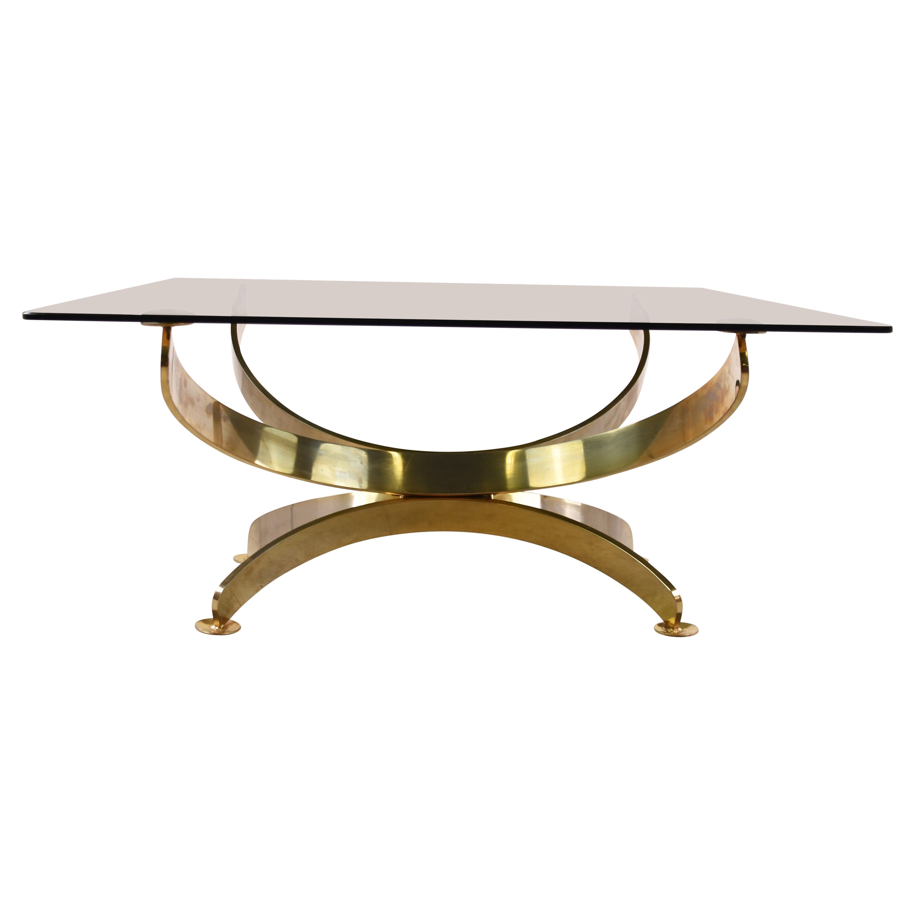 Table basse italienne en laiton et verre fumé, années 1970
