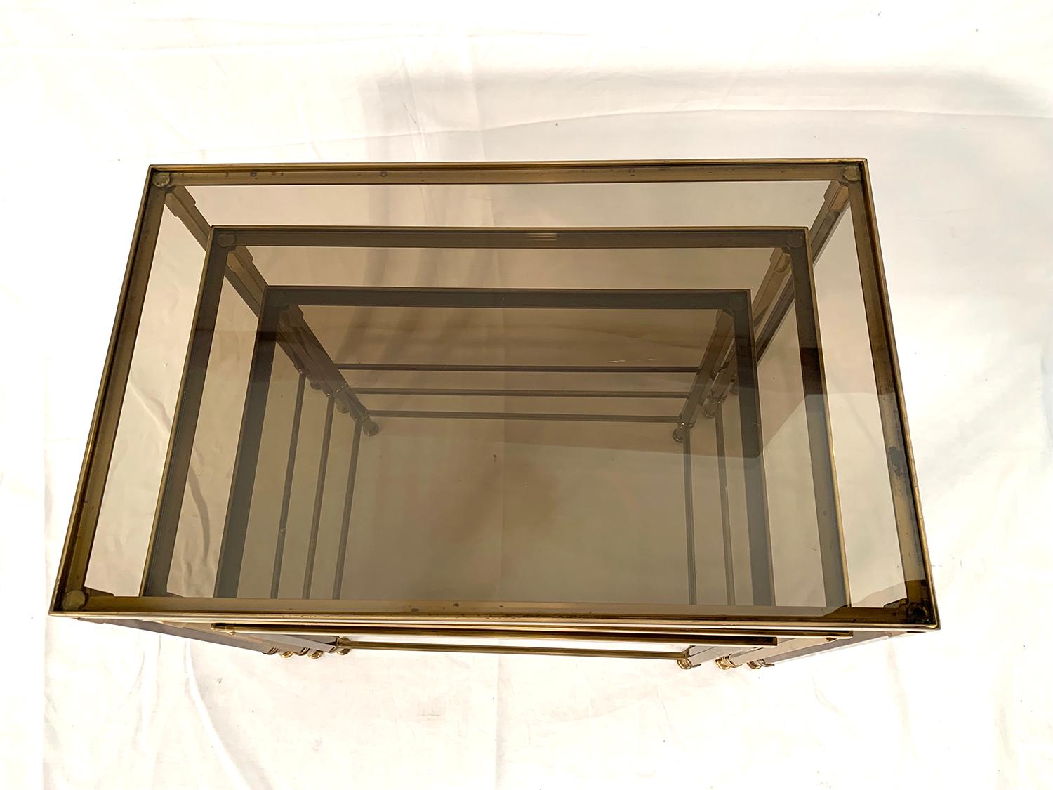 European Brass and Smoked Glass Nesting Tables For Sale