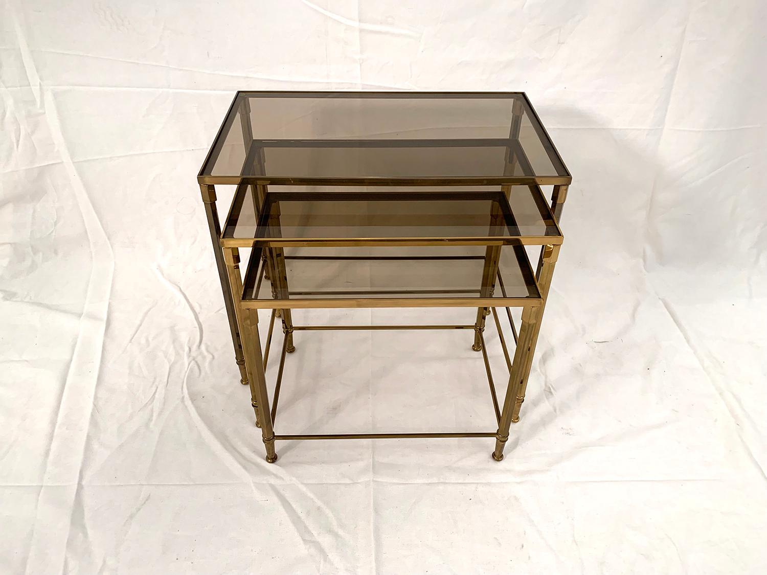 Gilt Brass and Smoked Glass Nesting Tables For Sale