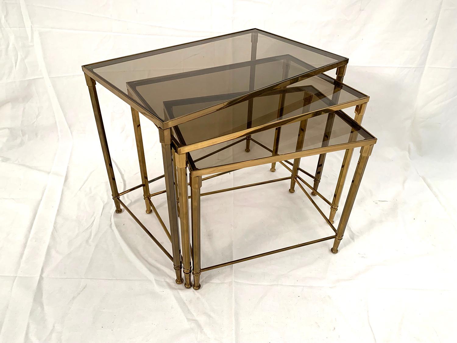 Late 20th Century Brass and Smoked Glass Nesting Tables For Sale