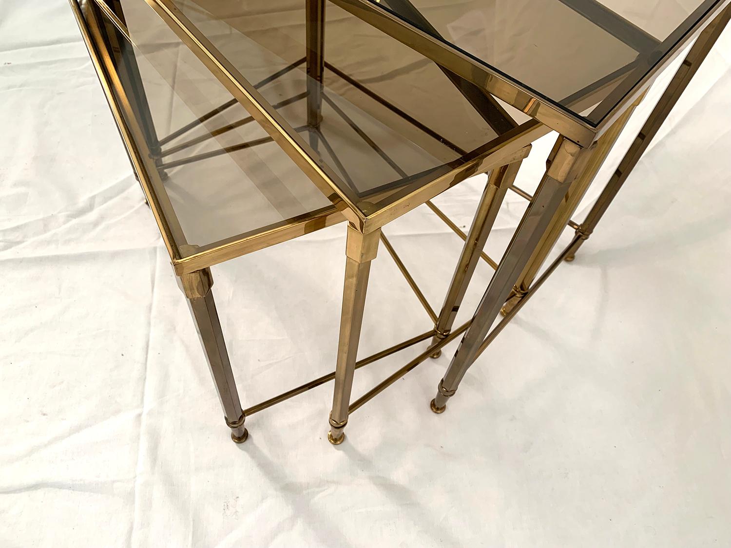 Steel Brass and Smoked Glass Nesting Tables For Sale