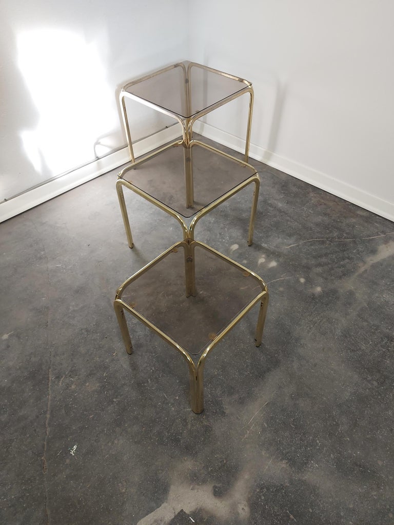 Brass and Smoked Glass Nesting Tables, Set of 3, 1960s For Sale at 1stDibs