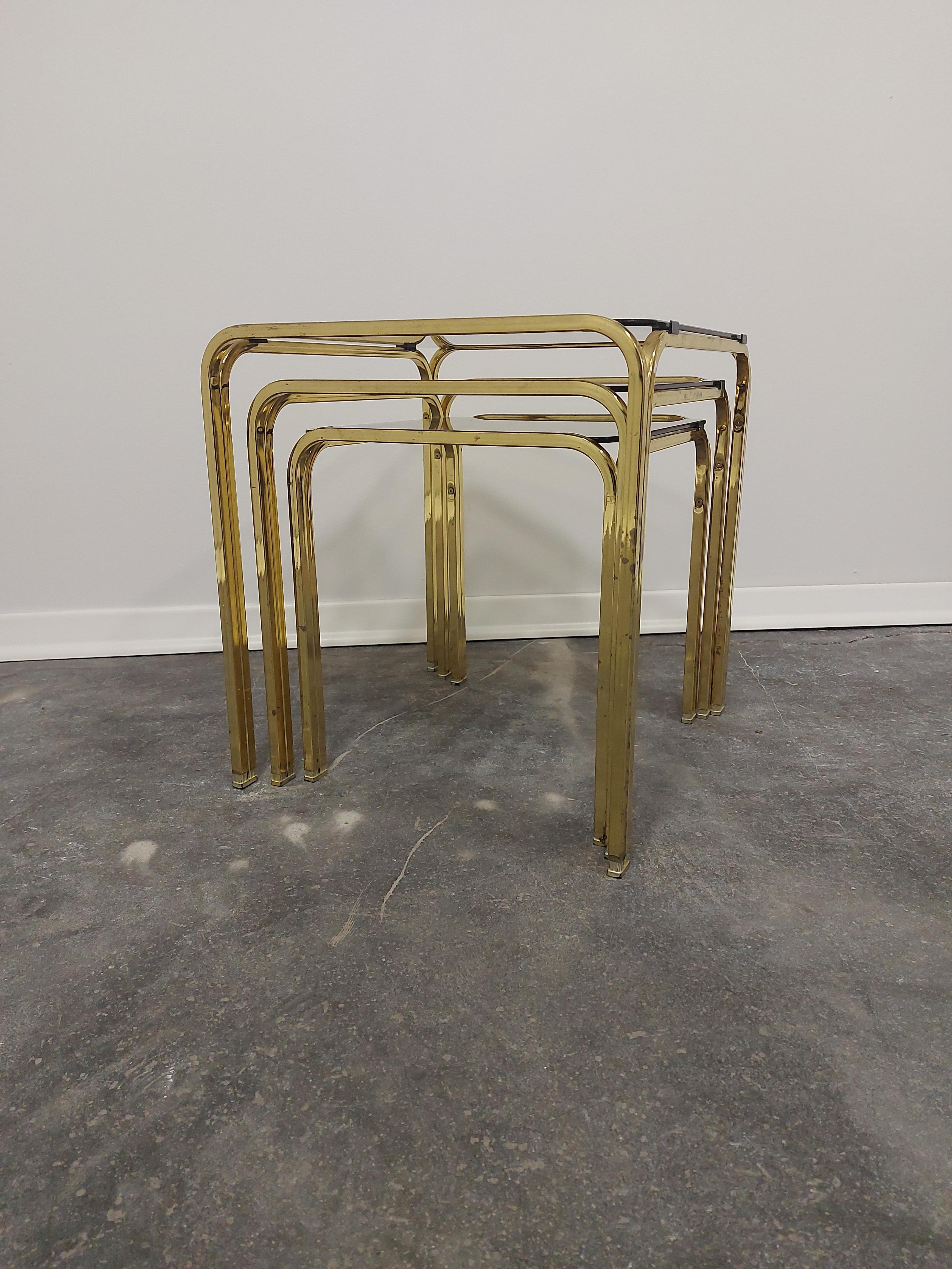 Brass and Smoked Glass Nesting Tables, Set of 3, 1970s For Sale 5