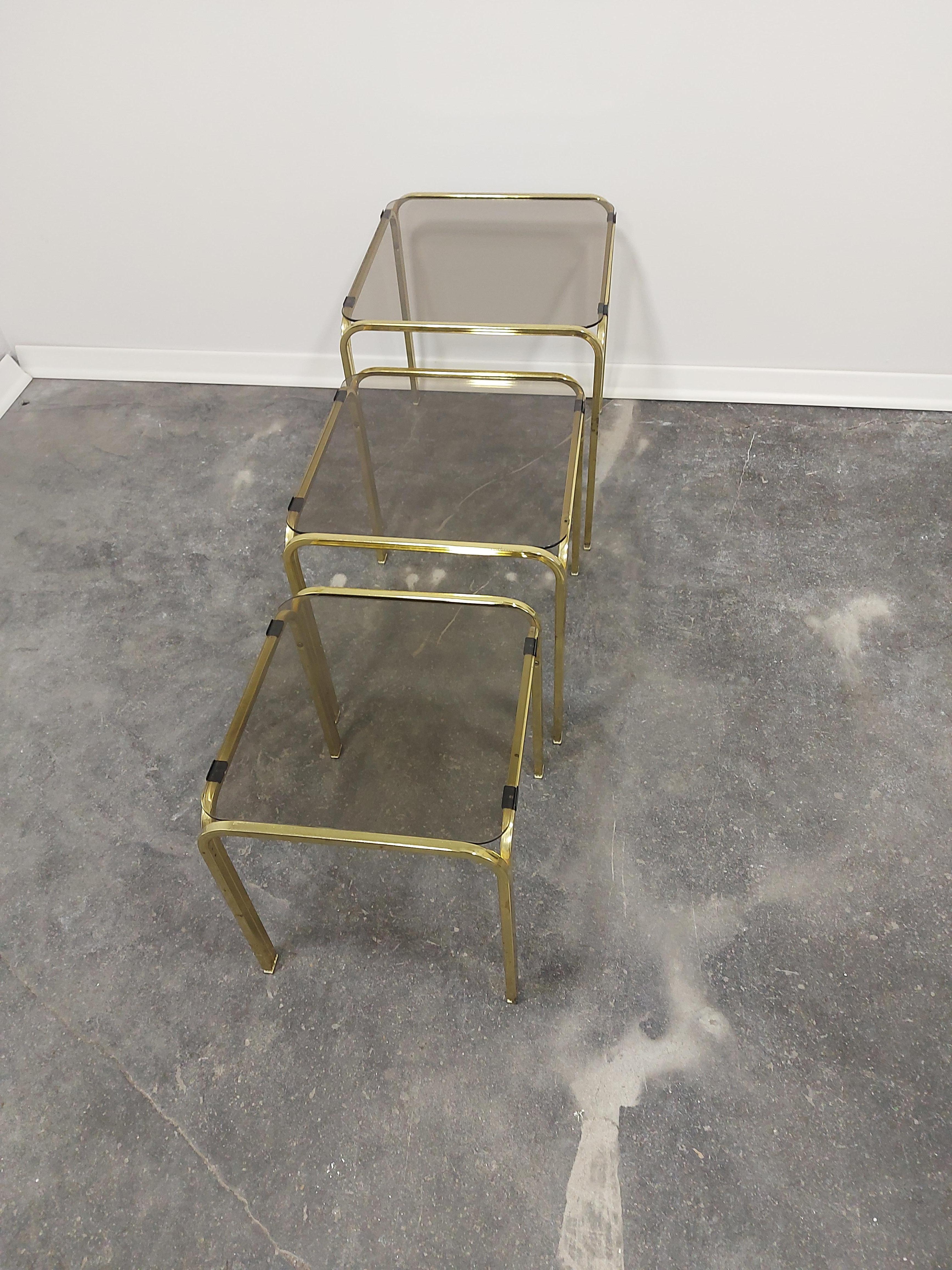 Slovenian Brass and Smoked Glass Nesting Tables, Set of 3, 1970s For Sale