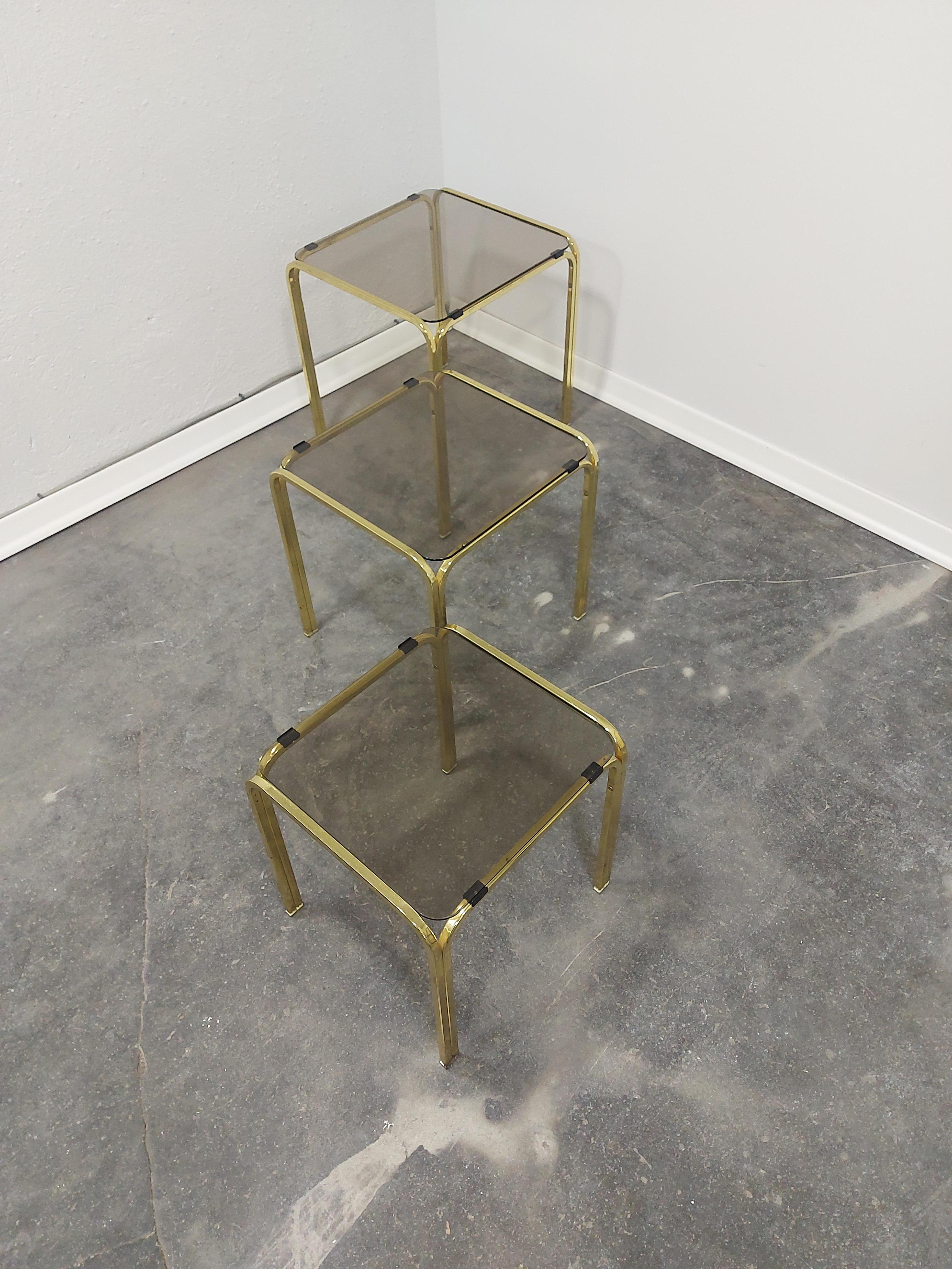Late 20th Century Brass and Smoked Glass Nesting Tables, Set of 3, 1970s For Sale