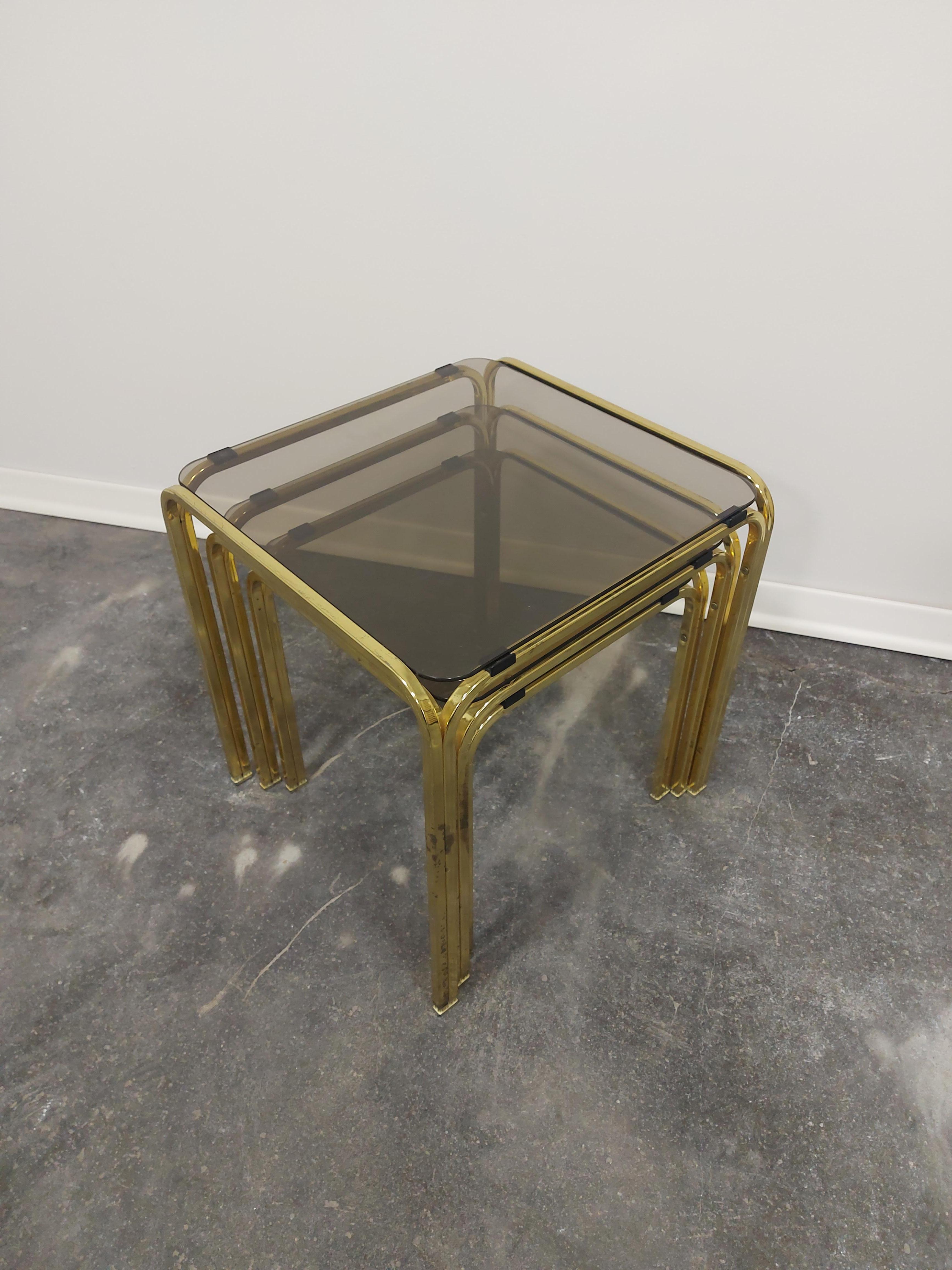 Brass and Smoked Glass Nesting Tables, Set of 3, 1970s For Sale 2