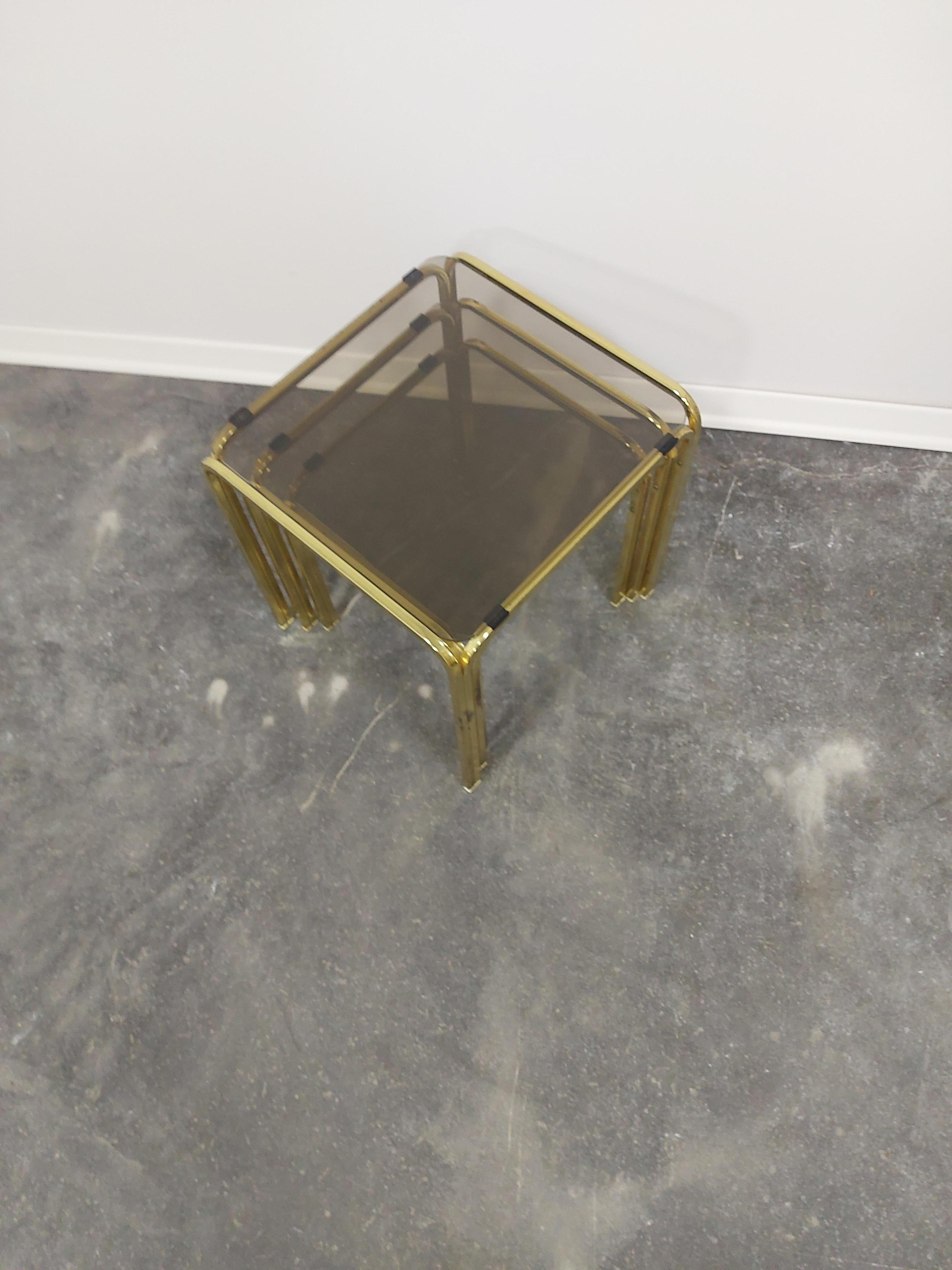 Brass and Smoked Glass Nesting Tables, Set of 3, 1970s For Sale 3