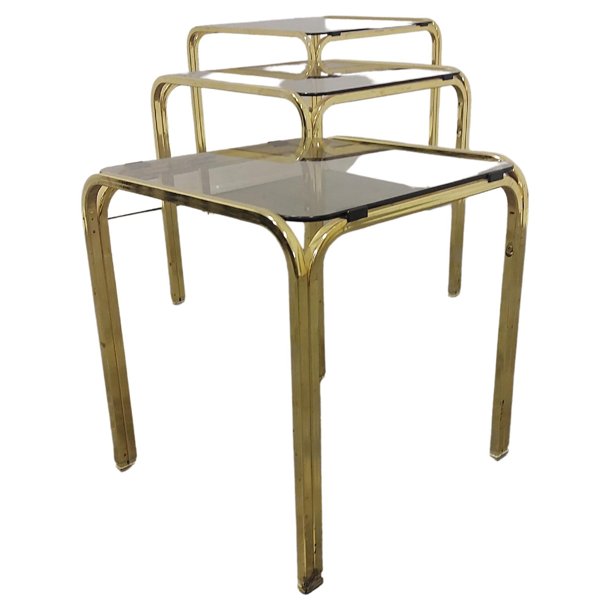 Brass and Smoked Glass Nesting Tables, Set of 3, 1970s For Sale