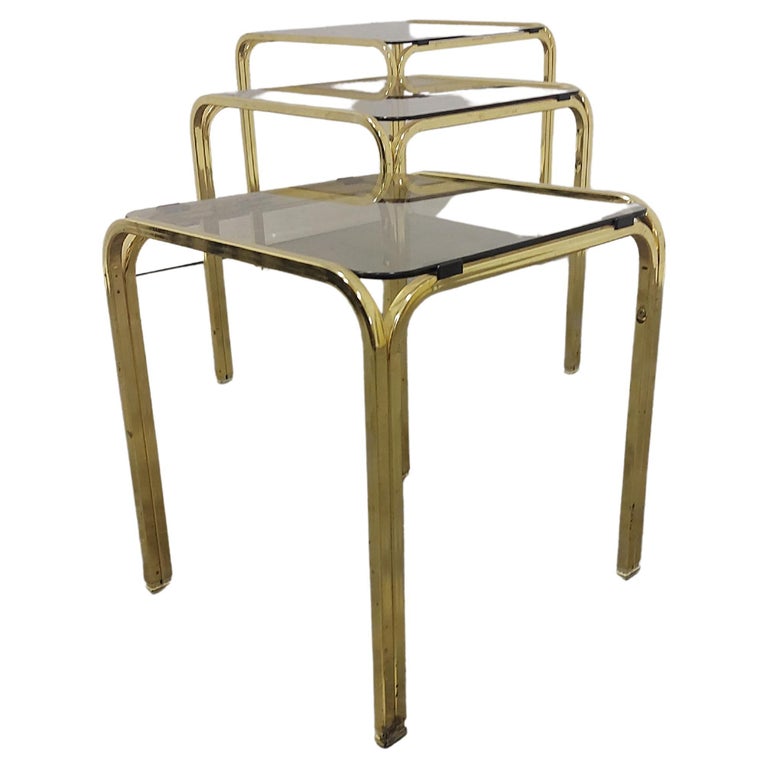 Brass and Smoked Glass Nesting Tables, Set of 3, 1970s For Sale at 1stDibs