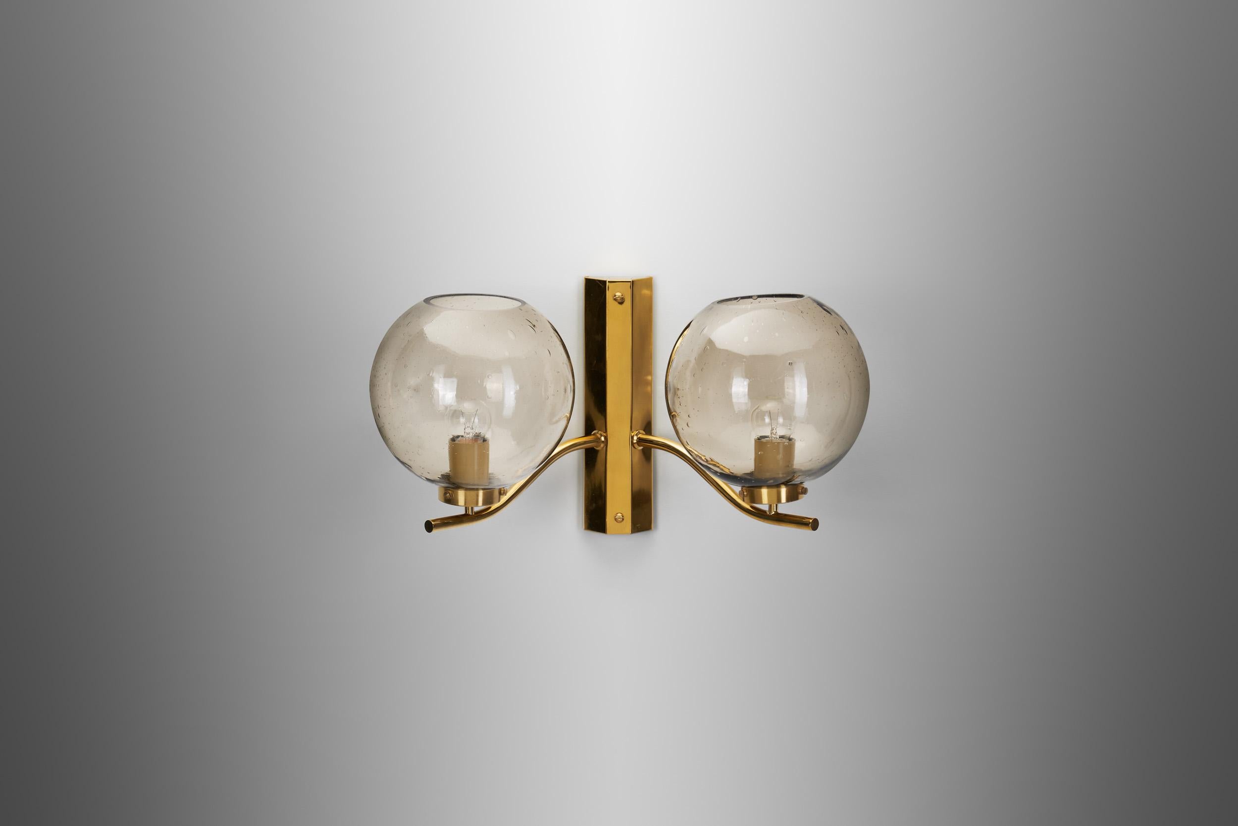 Mid-Century Modern Brass and Smoked Glass Wall Light for Westal, Sweden 1970s For Sale
