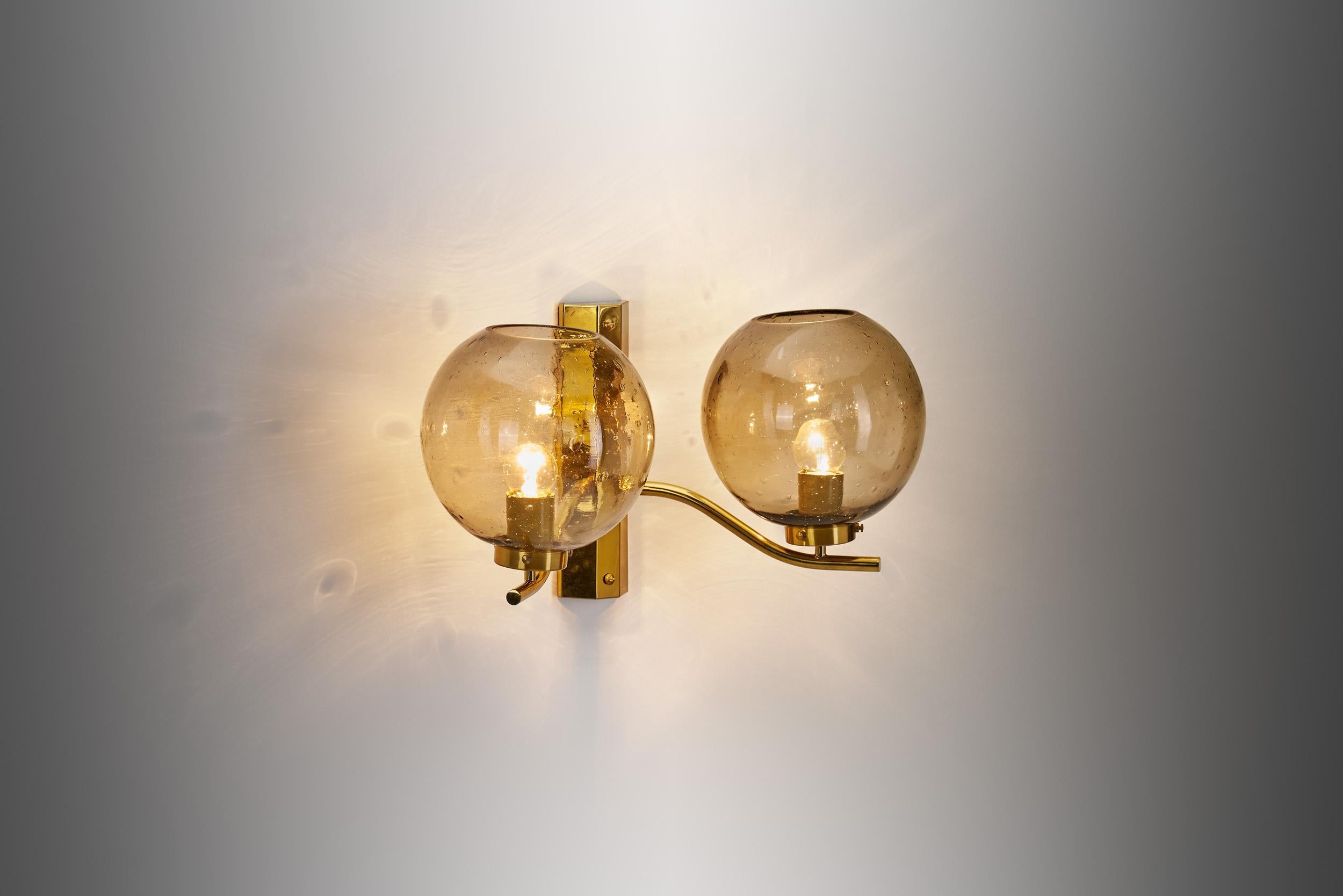 Swedish Brass and Smoked Glass Wall Light for Westal, Sweden 1970s For Sale
