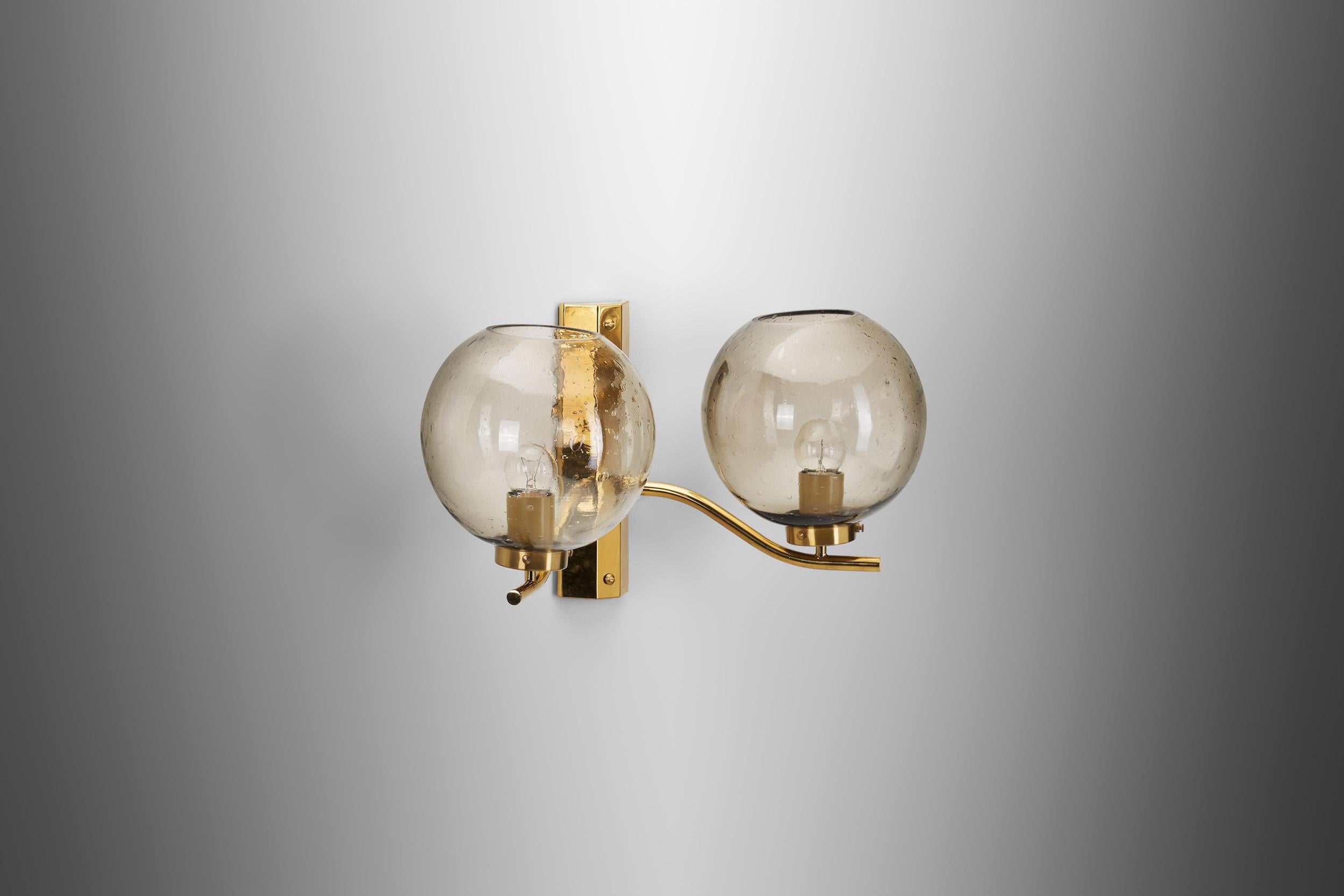 Brass and Smoked Glass Wall Light for Westal, Sweden 1970s In Good Condition For Sale In Utrecht, NL