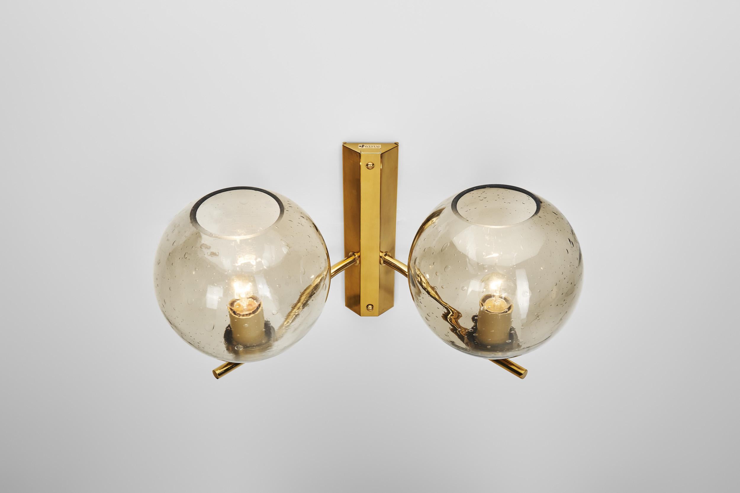 Brass and Smoked Glass Wall Light for Westal, Sweden 1970s For Sale 2