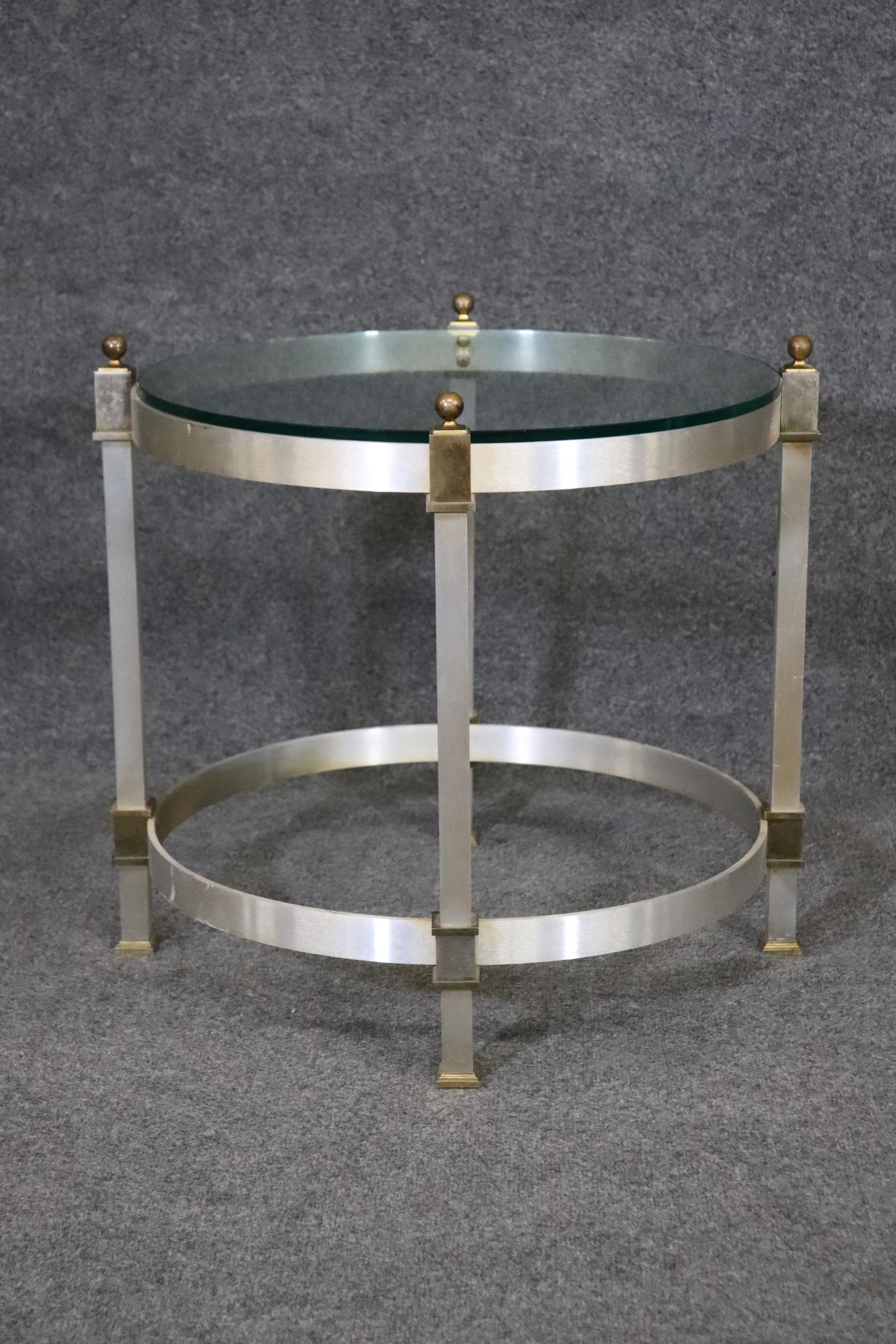 French Brass and Steel Glass Top Maison Jansen Style Directoire End Table, circa 1960 For Sale
