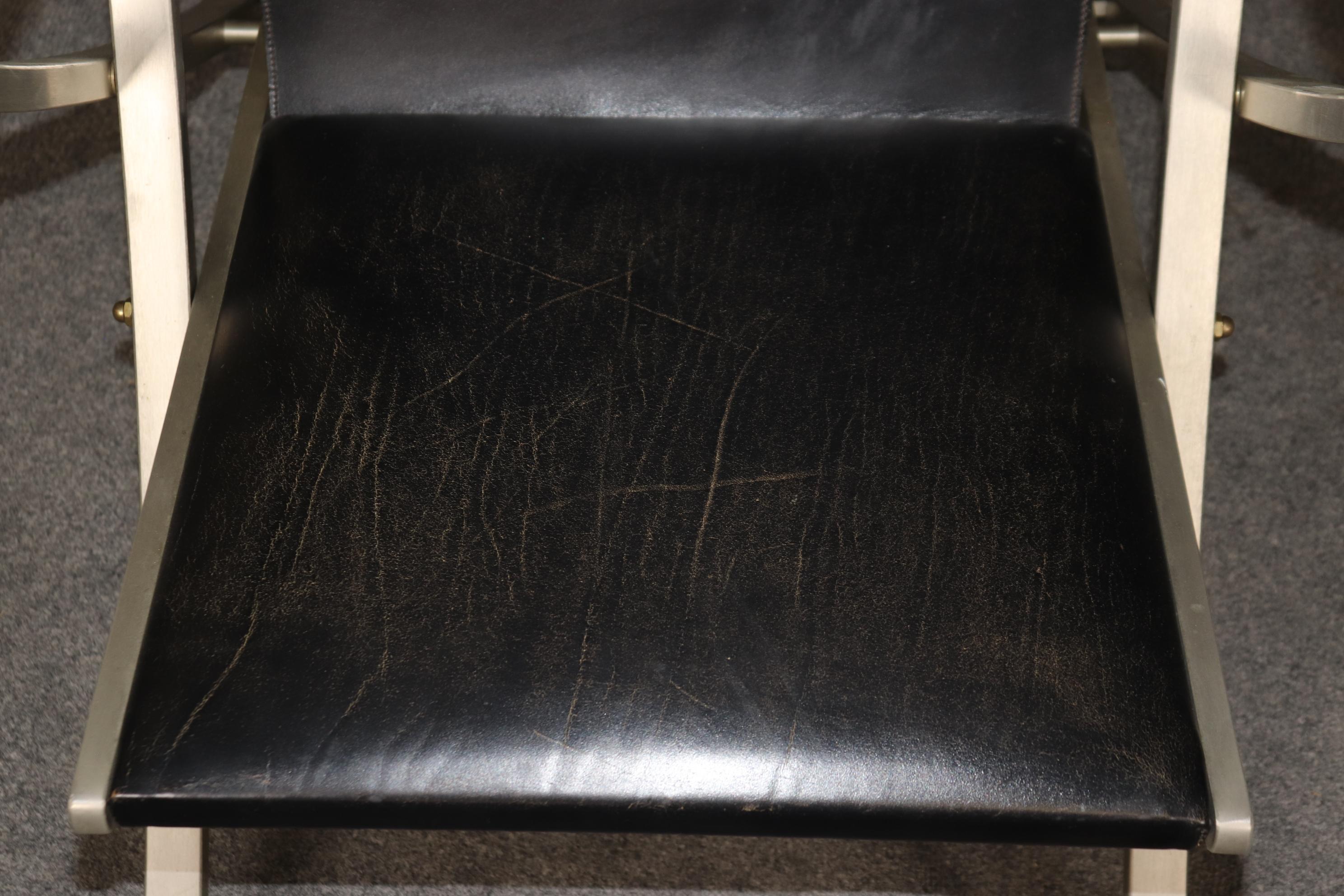 Brass and Steel Folding Leather Campaign Chair attributed to Maison Jansen For Sale 5