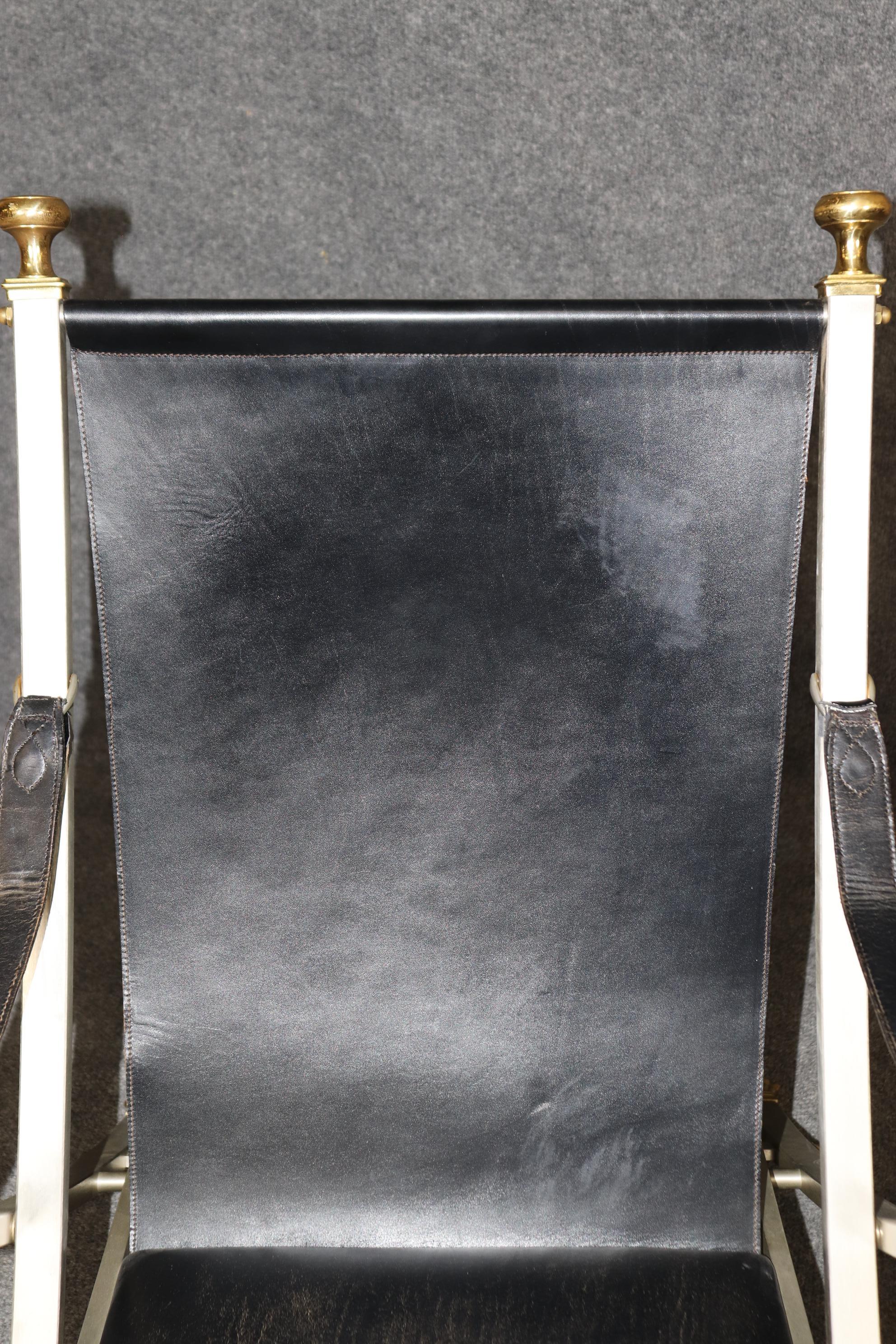 Brass and Steel Folding Leather Campaign Chair attributed to Maison Jansen For Sale 6