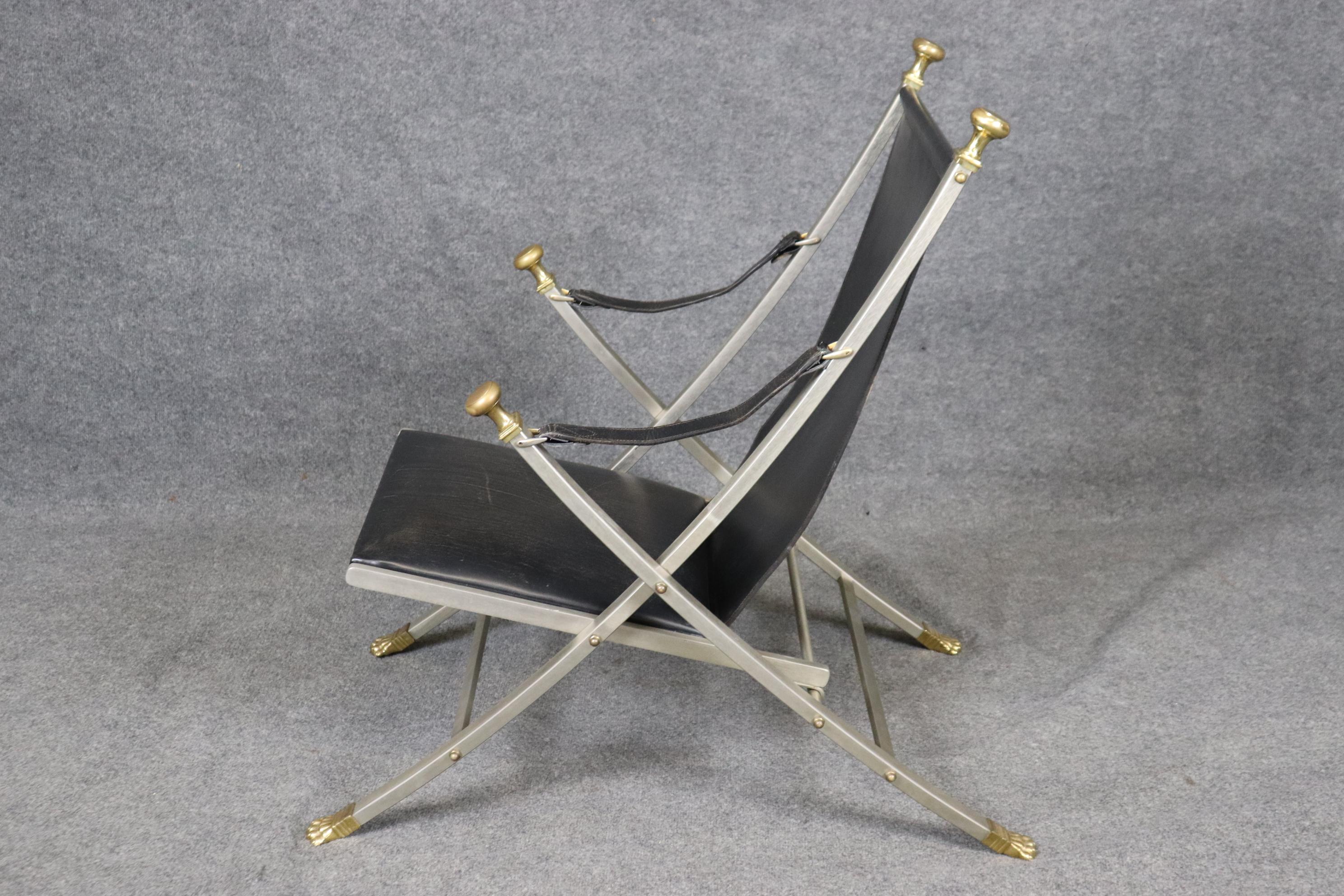 French Brass and Steel Folding Leather Campaign Chair attributed to Maison Jansen For Sale