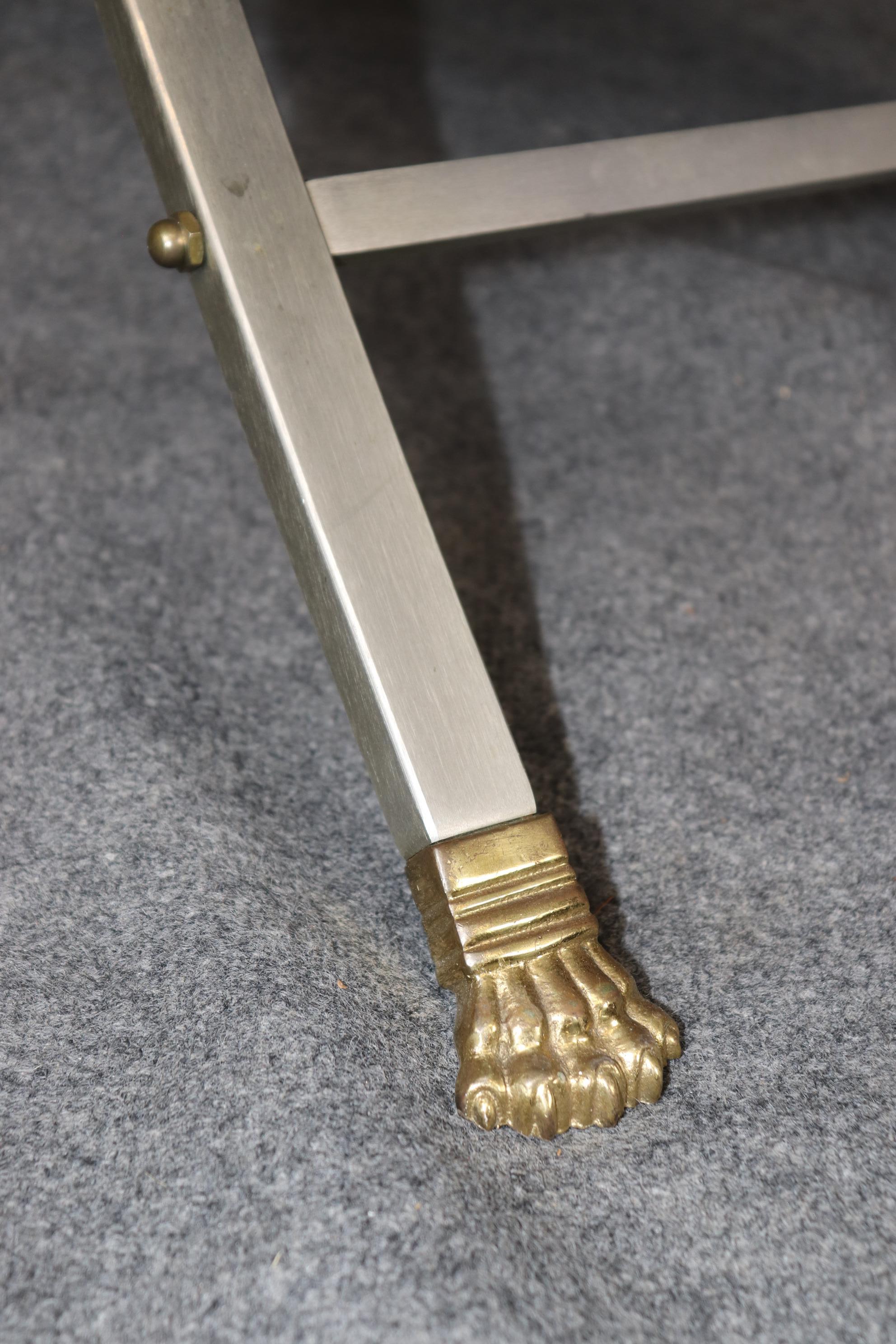 Brass and Steel Folding Leather Campaign Chair attributed to Maison Jansen In Good Condition For Sale In Swedesboro, NJ