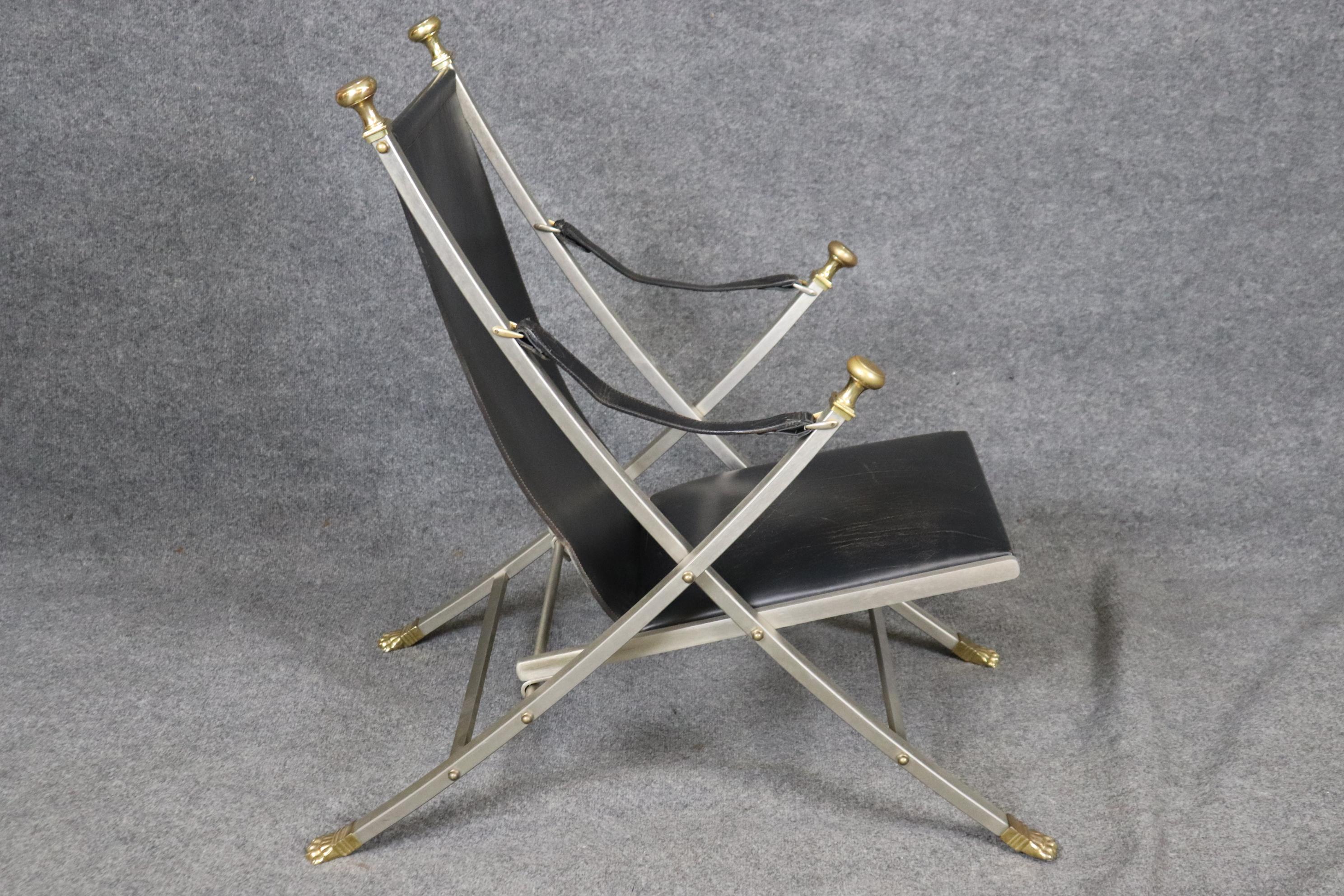 Brass and Steel Folding Leather Campaign Chair attributed to Maison Jansen For Sale 2