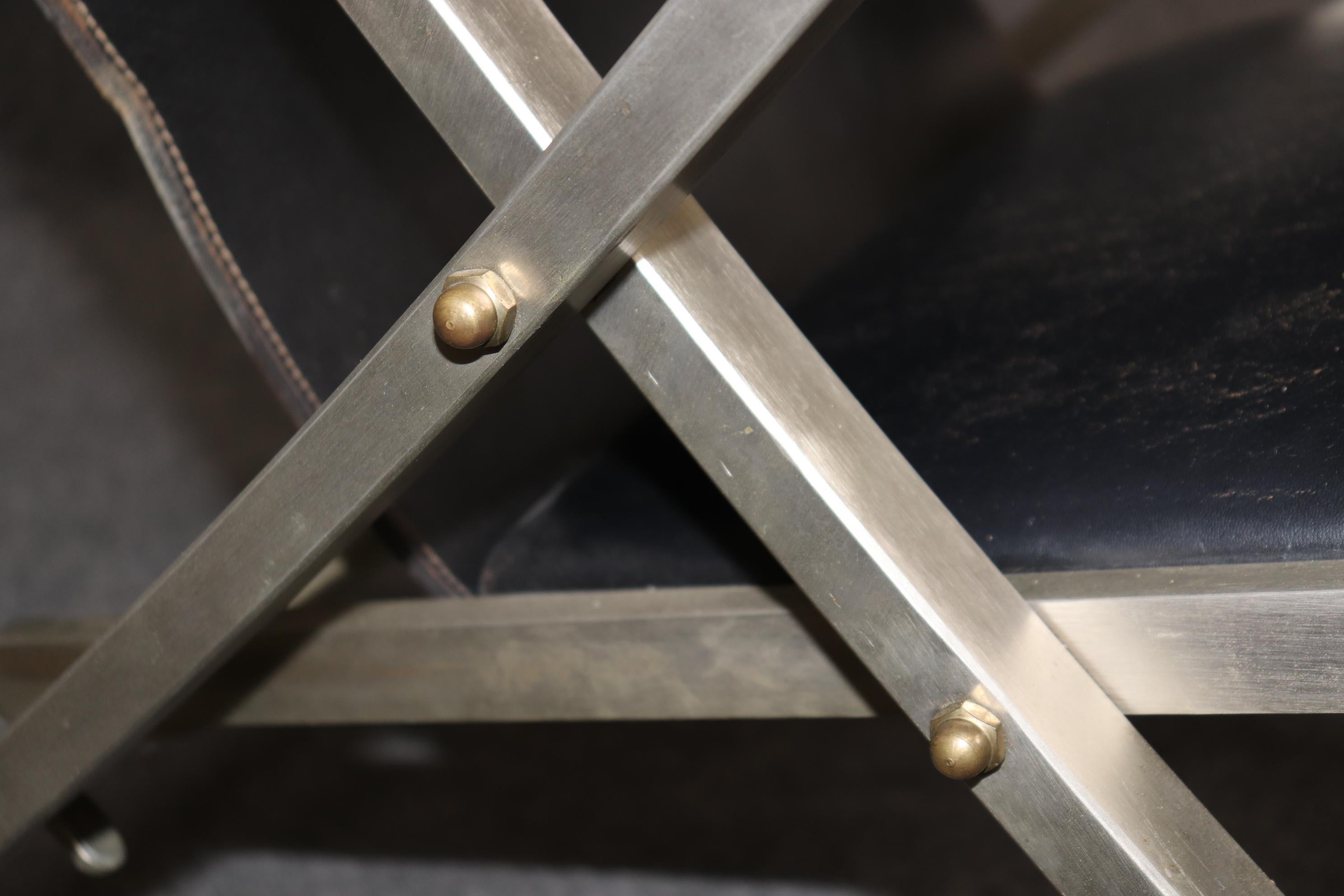 Brass and Steel Folding Leather Campaign Chair attributed to Maison Jansen For Sale 3