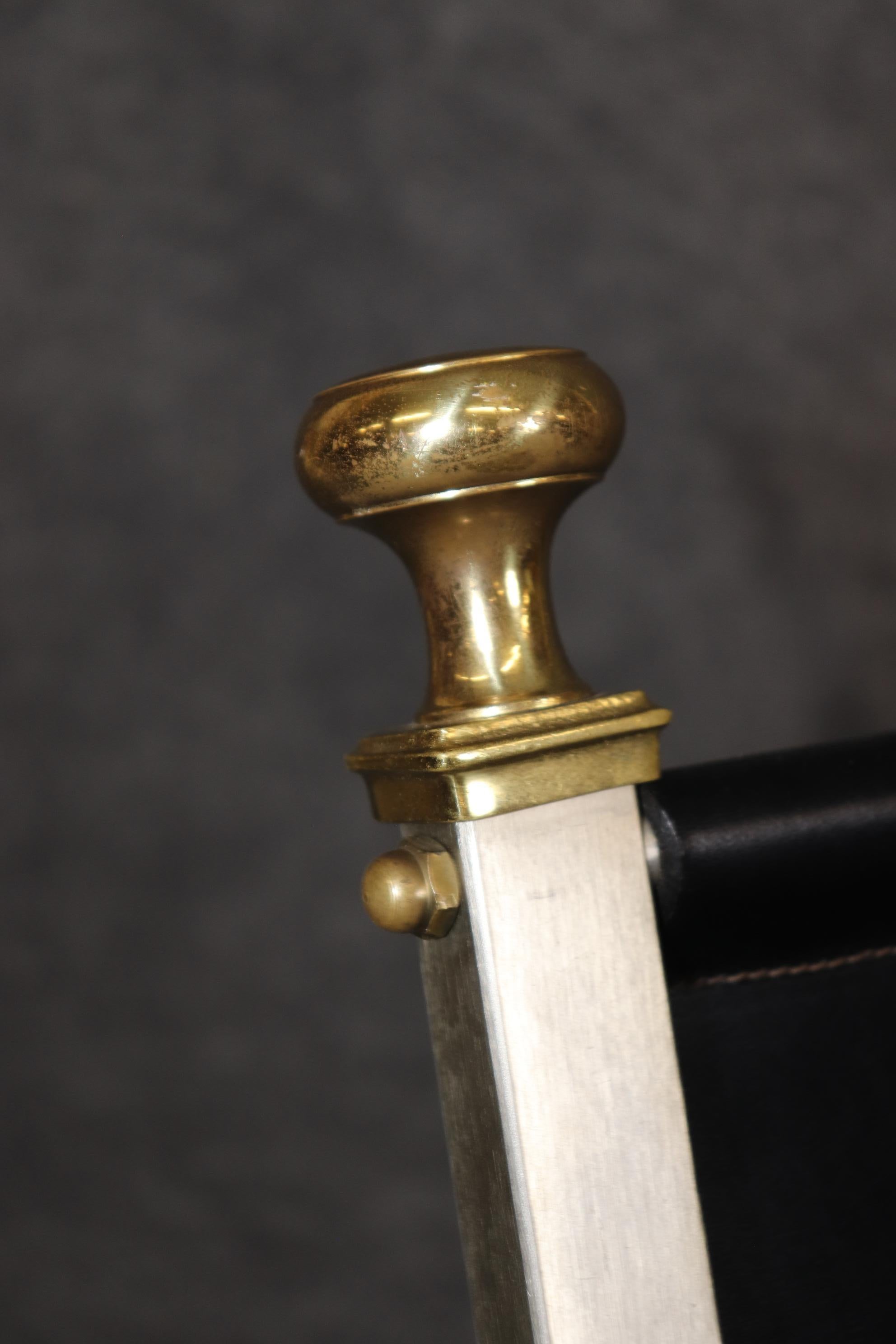 Brass and Steel Folding Leather Campaign Chair attributed to Maison Jansen For Sale 4