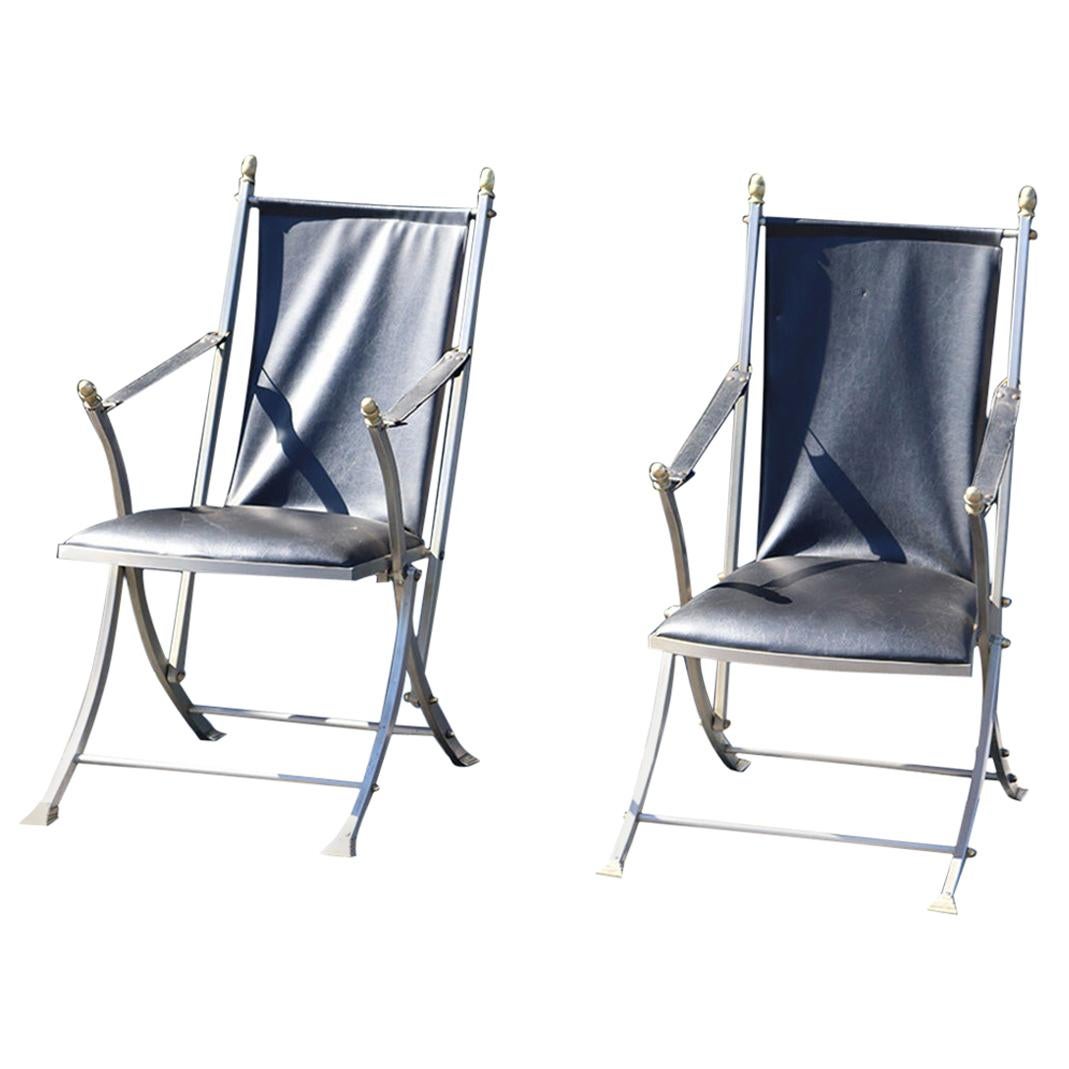 Brass and Steel Mid-Century Modern Maison Jansen Campaign Folding Chairs