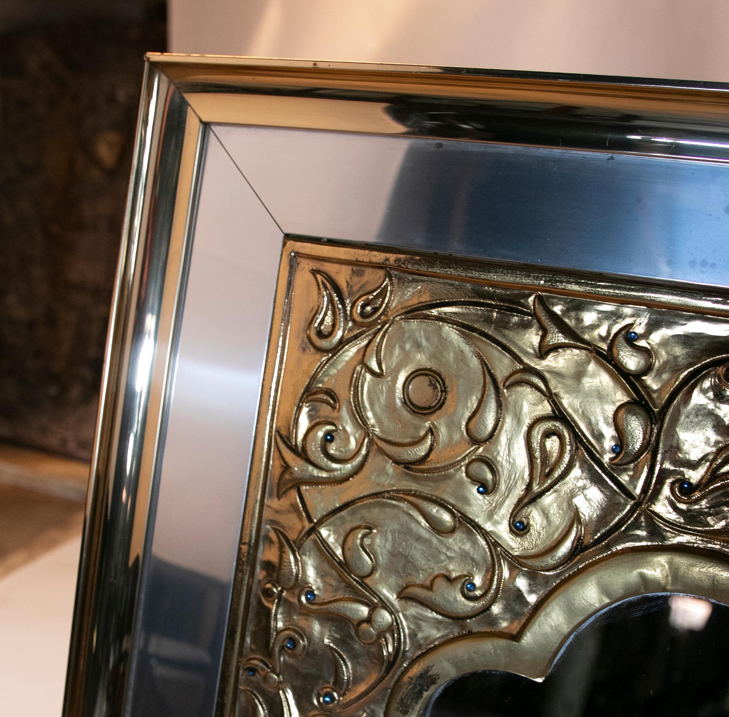 Brass and Steel Mirror in Arabic Style, Inlaid with Coloured Crystals  For Sale 3