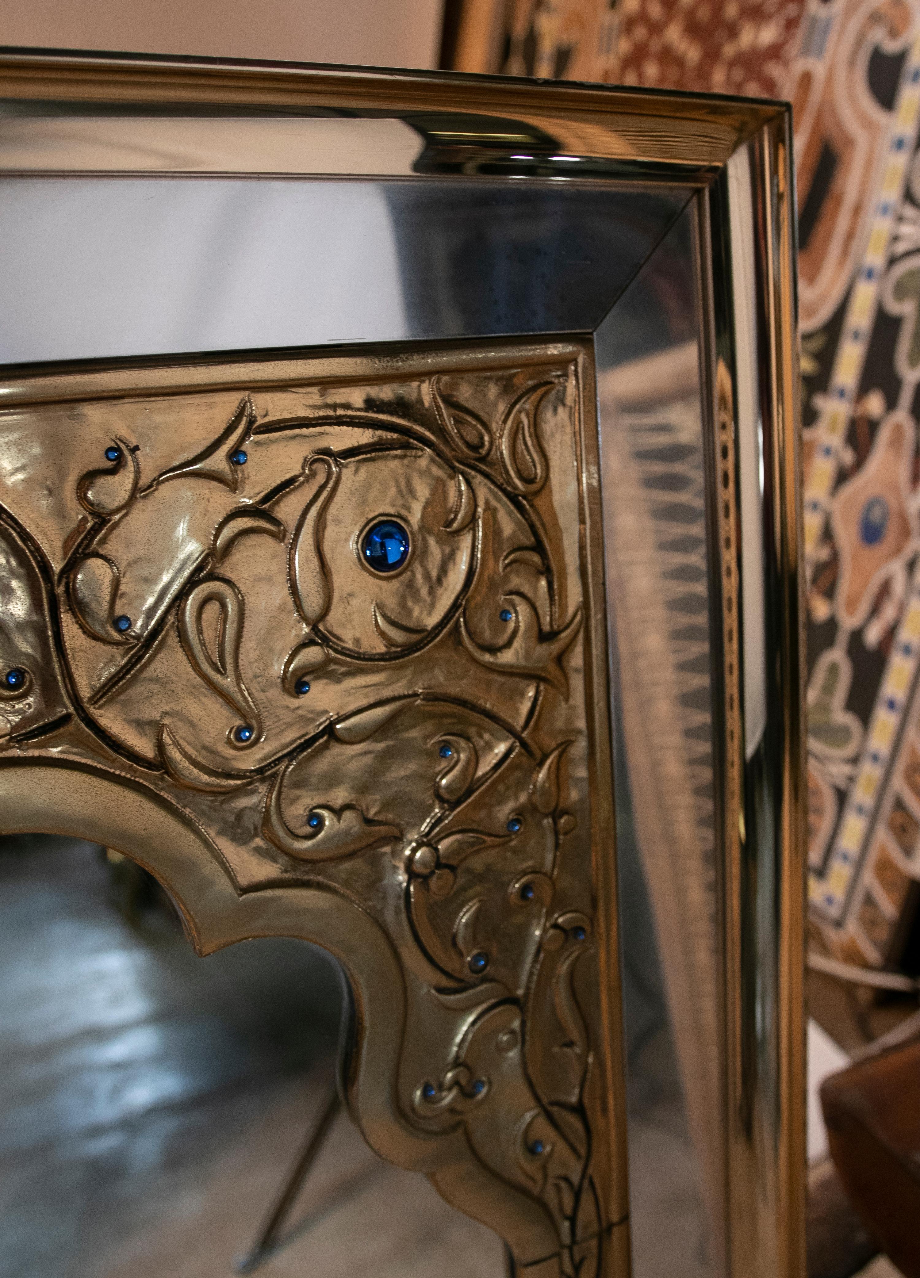 Brass and Steel Mirror in Arabic Style, Inlaid with Coloured Crystals  For Sale 5