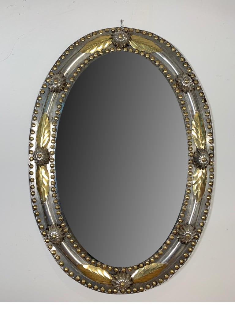 Brass and Steel Oval Mirror For Sale at 1stDibs