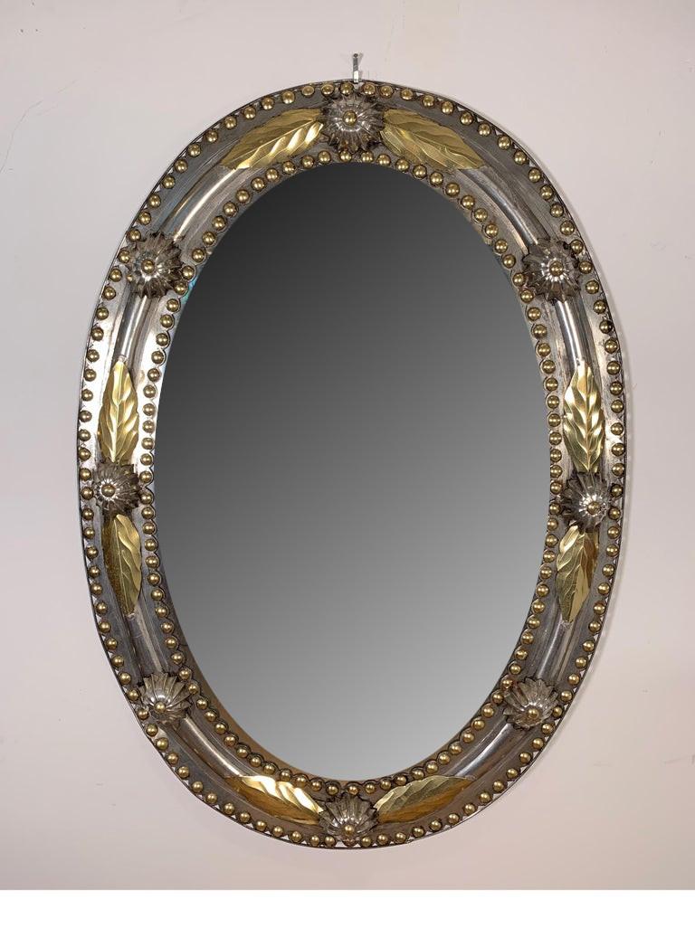 Brass and Steel Oval Mirror For Sale at 1stDibs