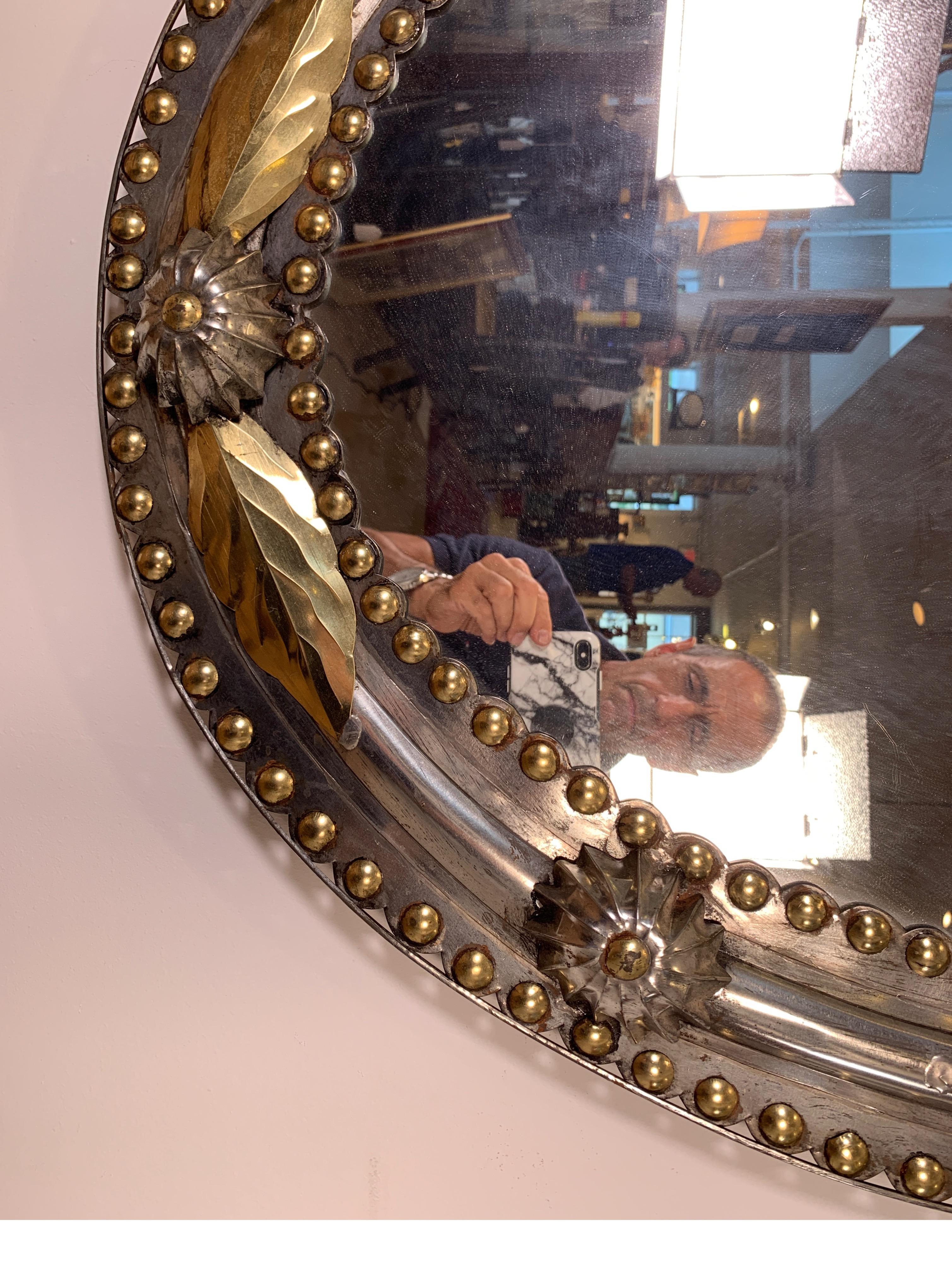 20th Century Brass and Steel Oval Mirror