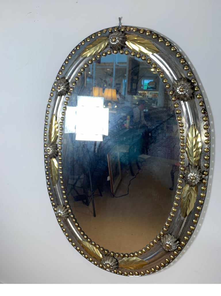 Brass and Steel Oval Mirror For Sale at 1stDibs