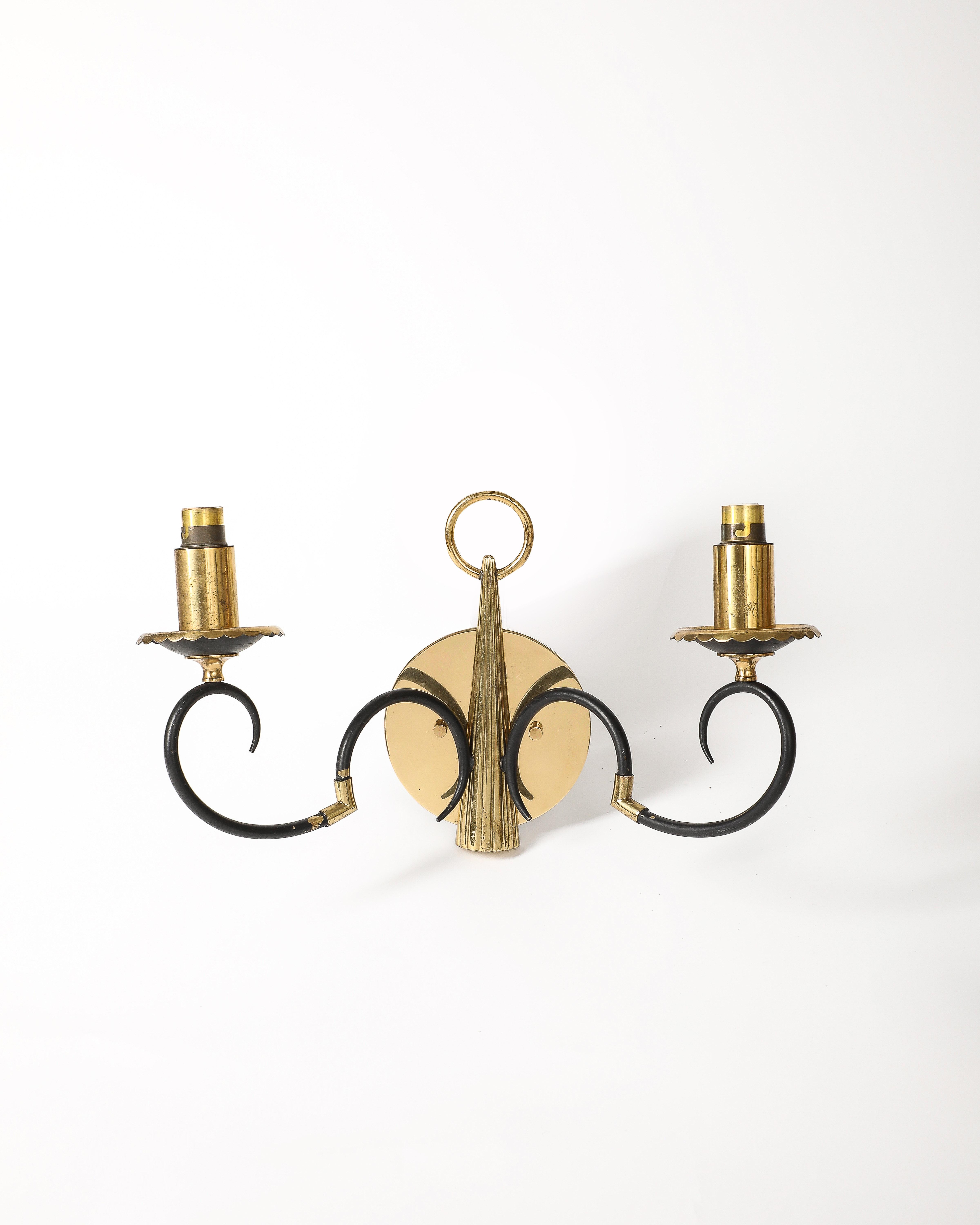 French Brass and Steel Sconces, France, c. 1940 For Sale