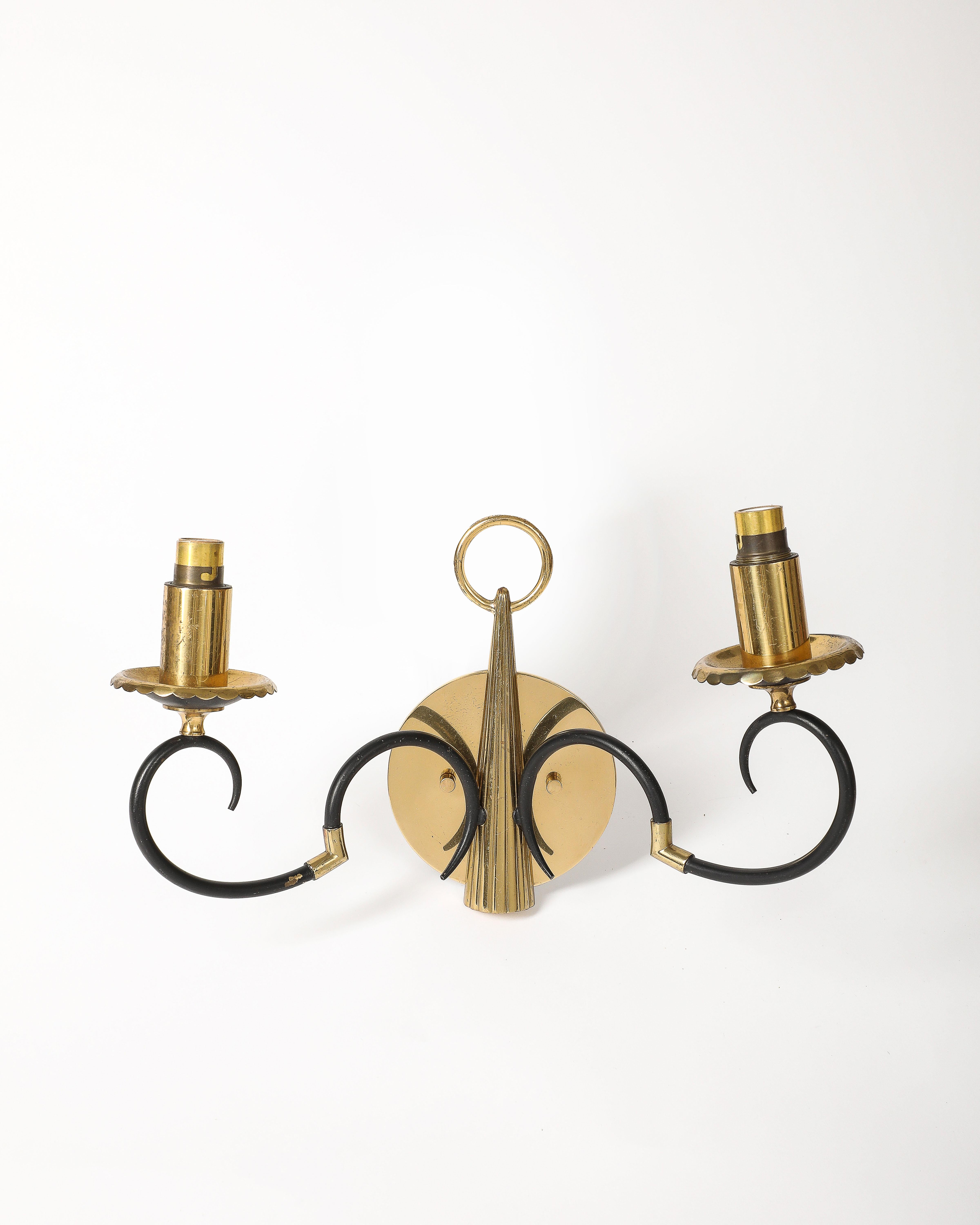 Brass and Steel Sconces, France, c. 1940 In Excellent Condition For Sale In New York City, NY