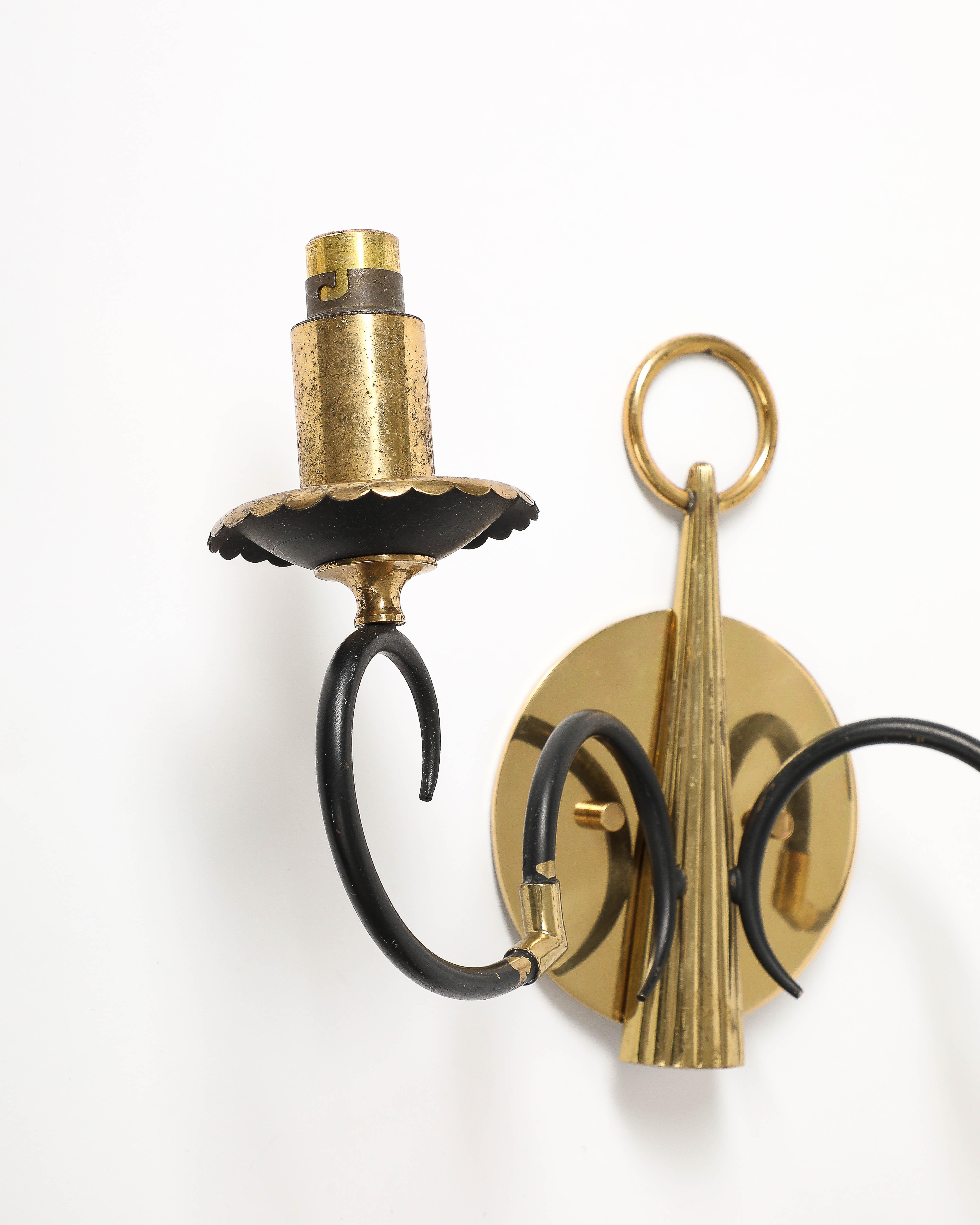 Mid-20th Century Brass and Steel Sconces, France, c. 1940 For Sale