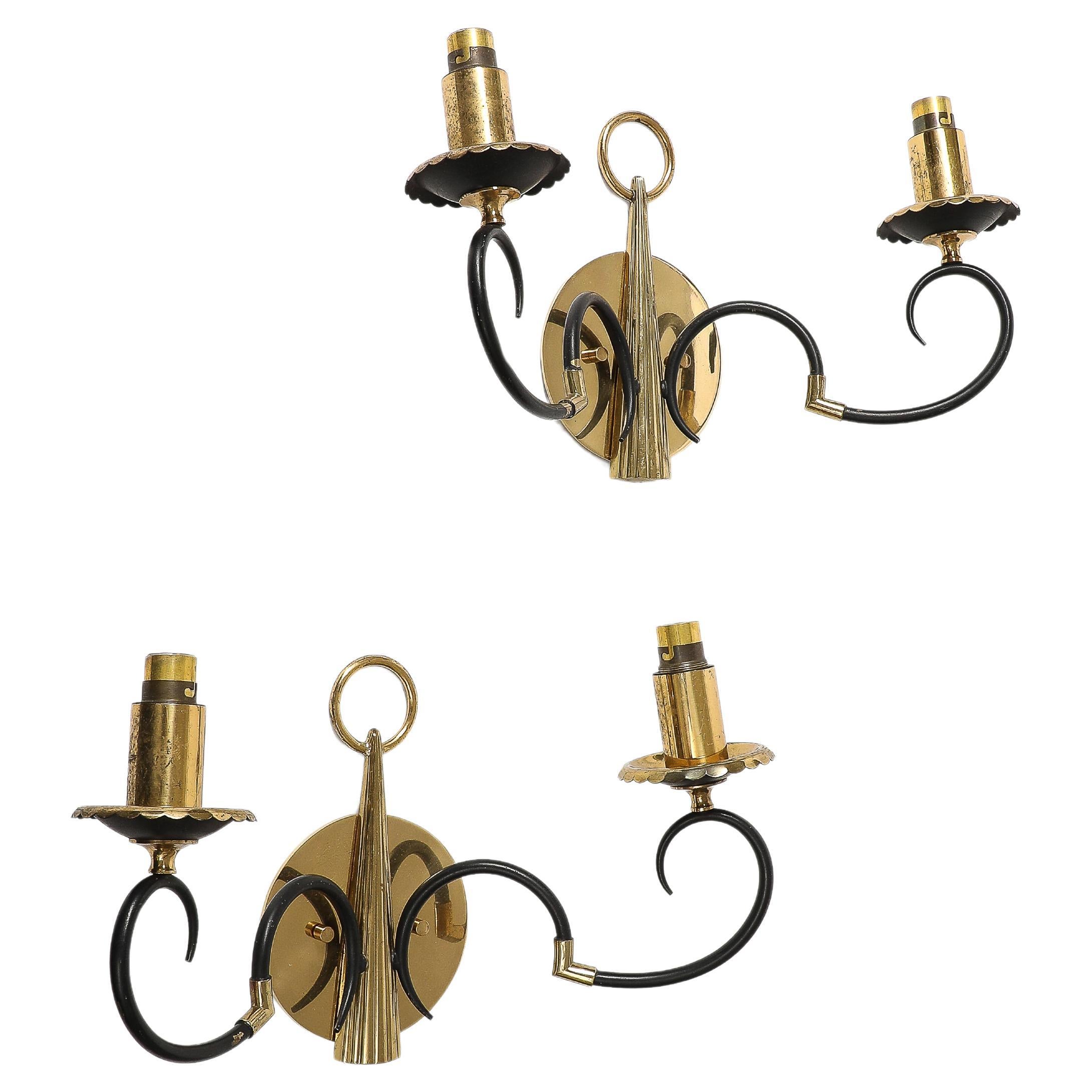 Brass and Steel Sconces, France, c. 1940 For Sale