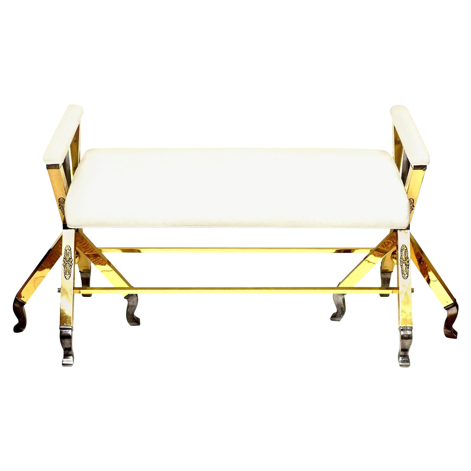 Brass and Steel White Upholstered 3-Legged Bench Mid-Century Modern Restored