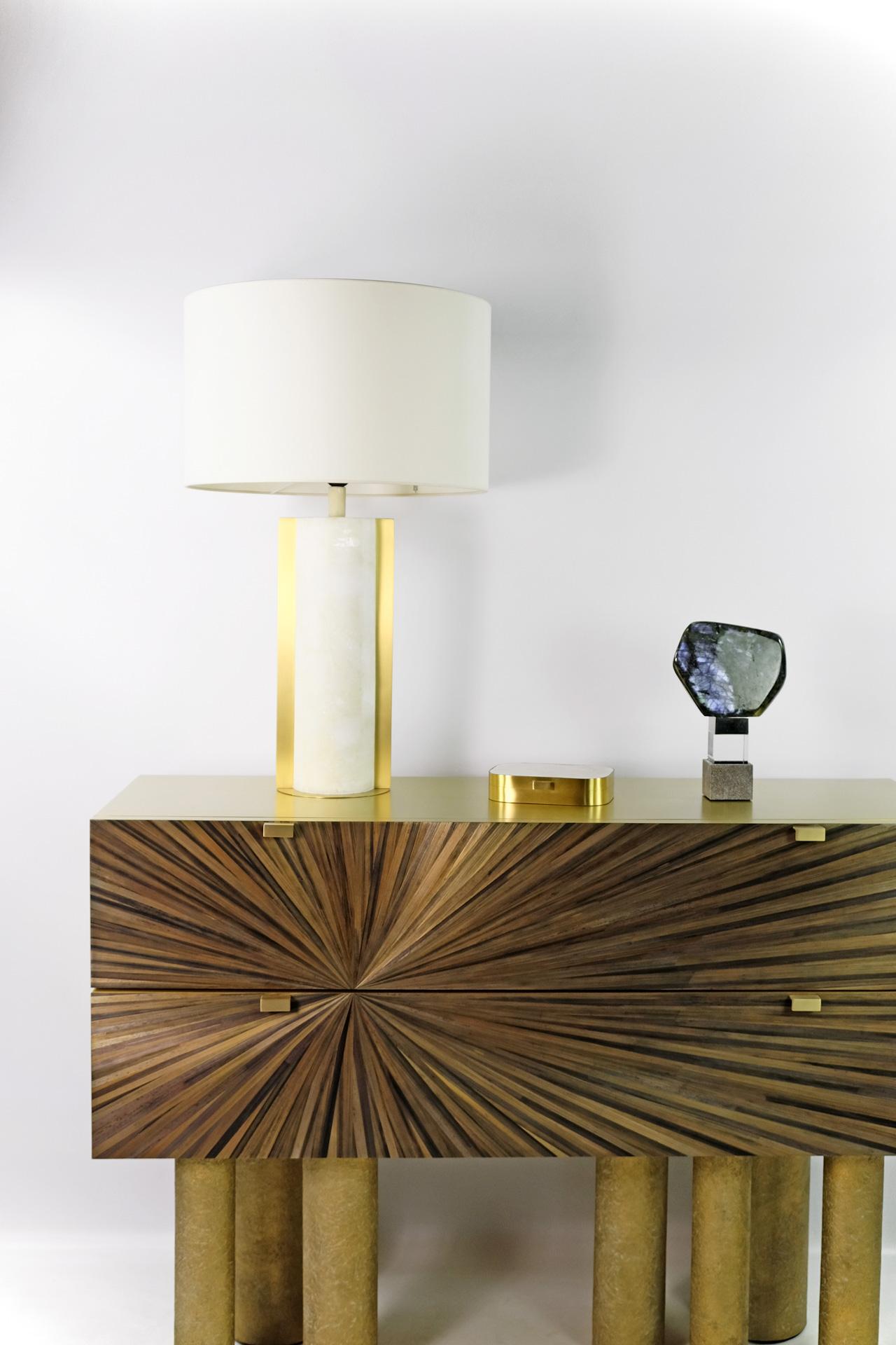 French Brass and Straw Marquetry Chest of Drawers by Ginger Brown