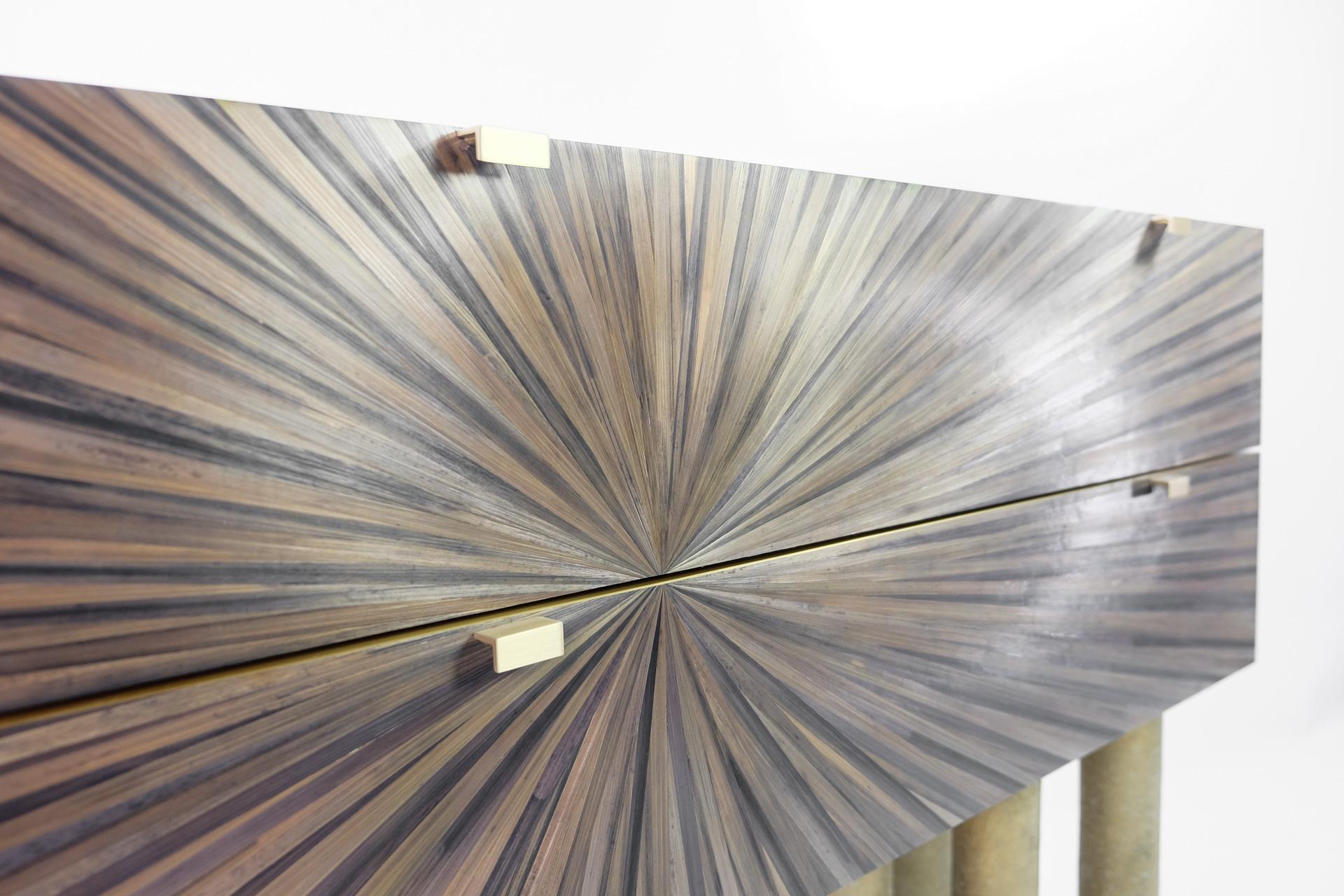 Contemporary Brass and Straw Marquetry Chest of Drawers by Ginger Brown