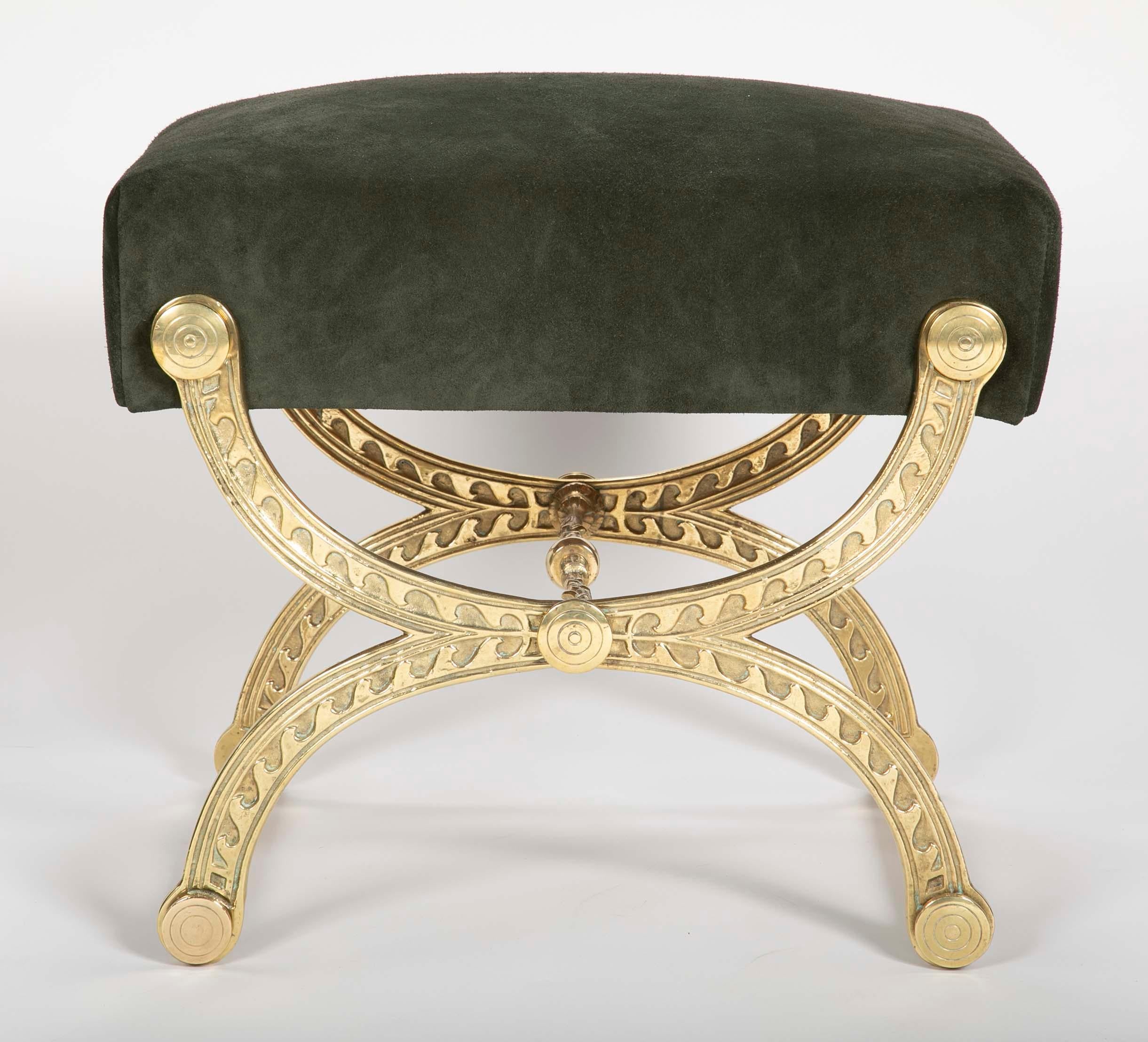 American Brass and Suede Curule Form Neoclassical Style Stool with Vitruvian Wave Motif