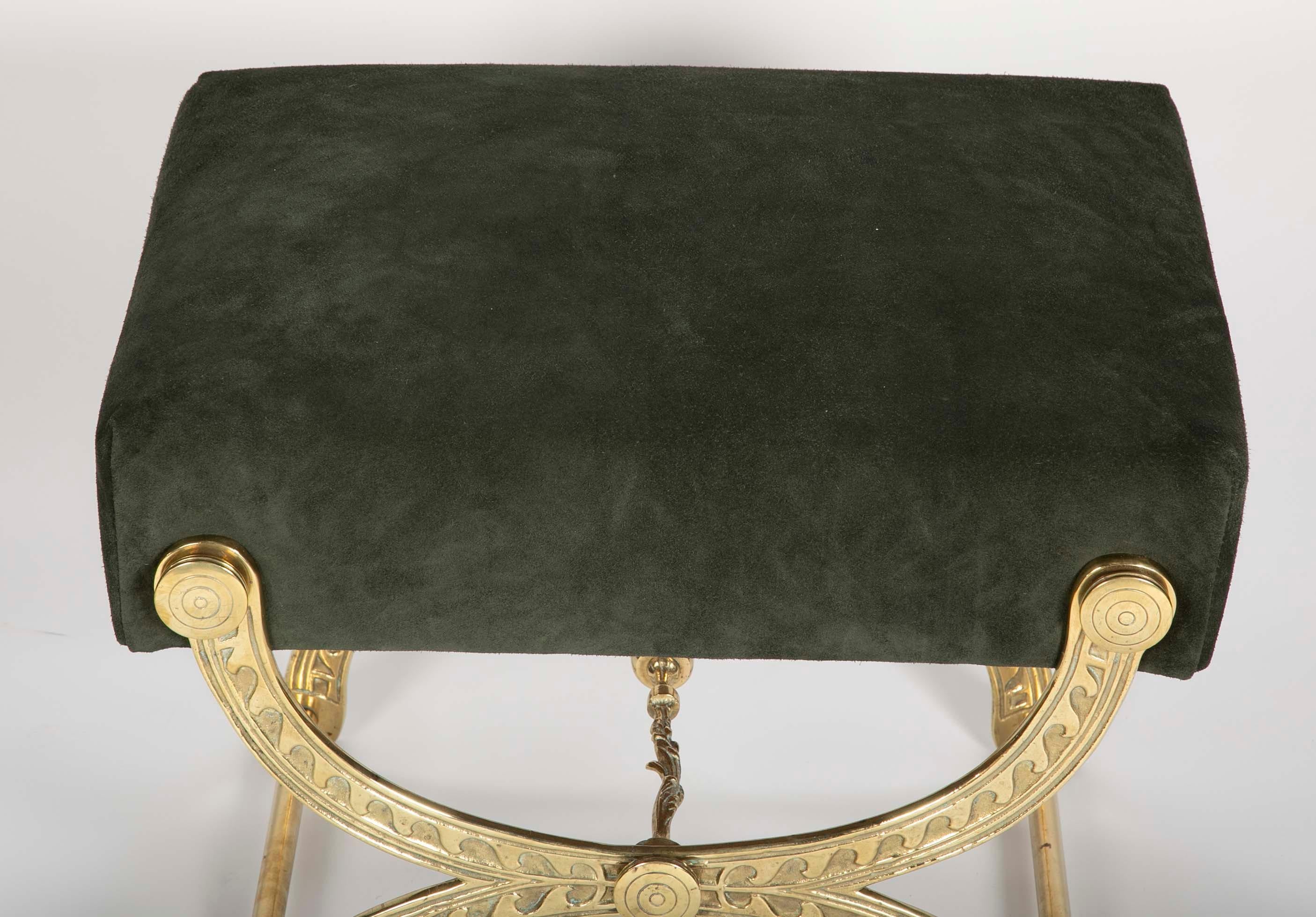 Brass and Suede Curule Form Neoclassical Style Stool with Vitruvian Wave Motif In Good Condition In Stamford, CT