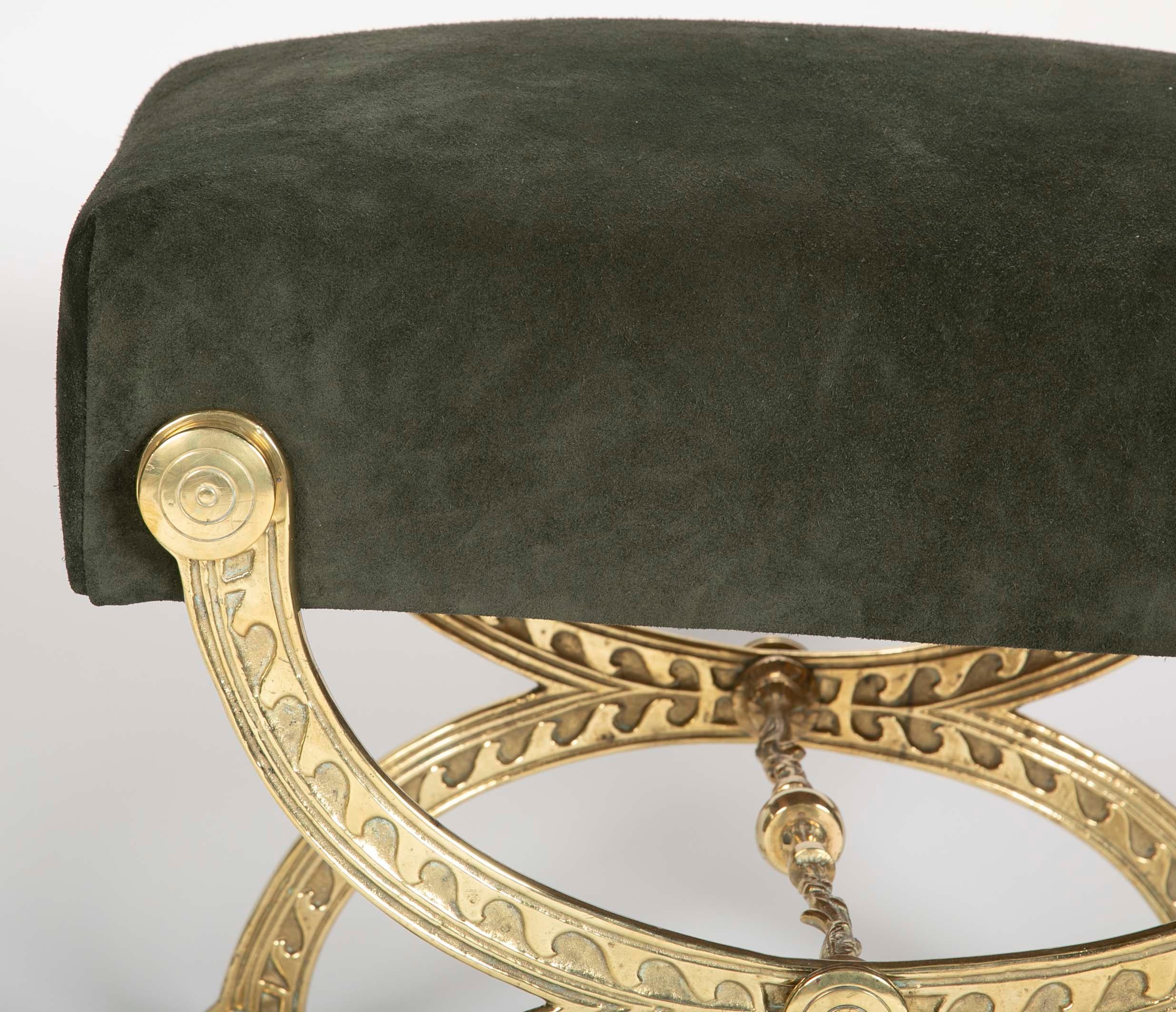 20th Century Brass and Suede Curule Form Neoclassical Style Stool with Vitruvian Wave Motif