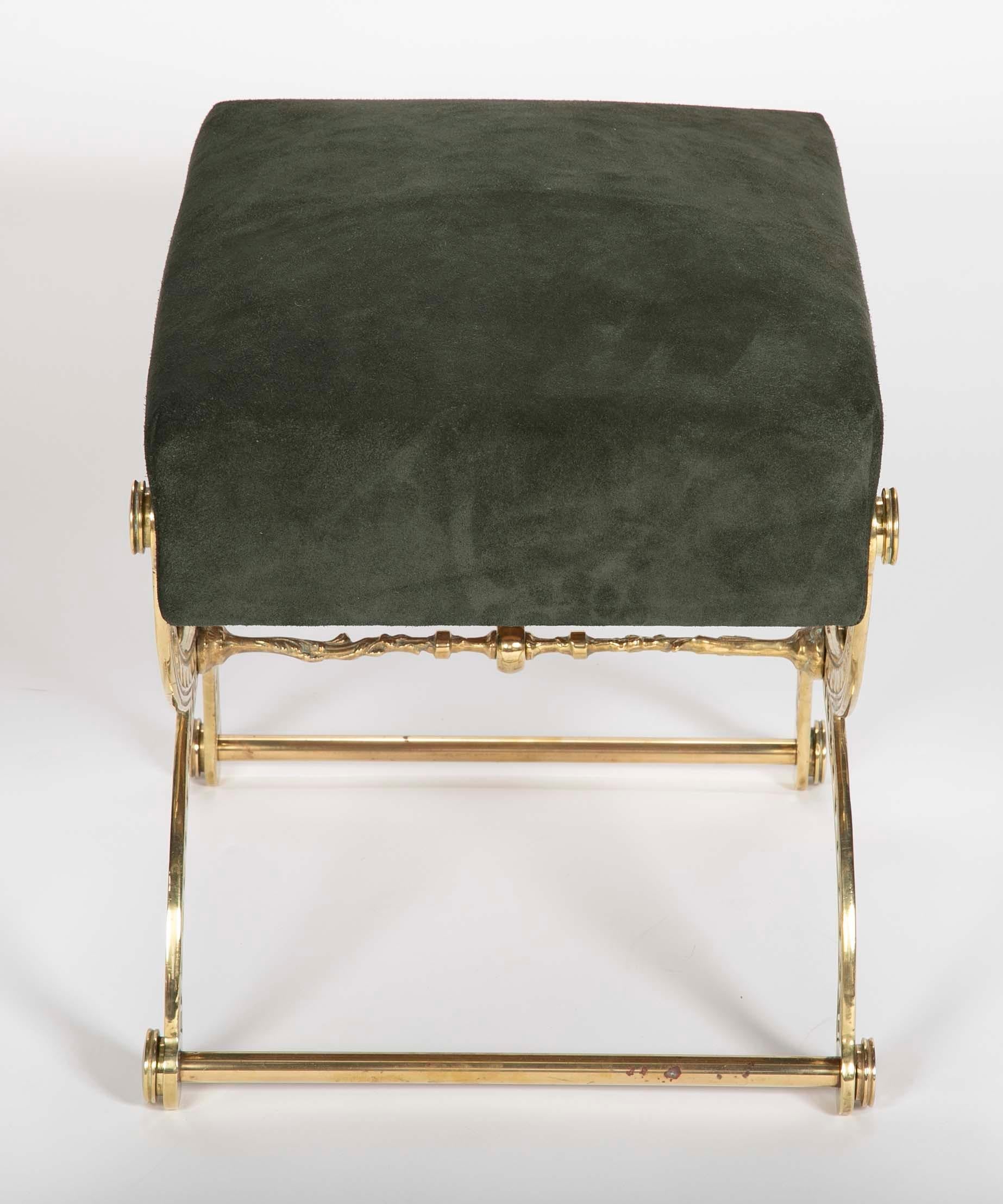 Brass and Suede Curule Form Neoclassical Style Stool with Vitruvian Wave Motif 1